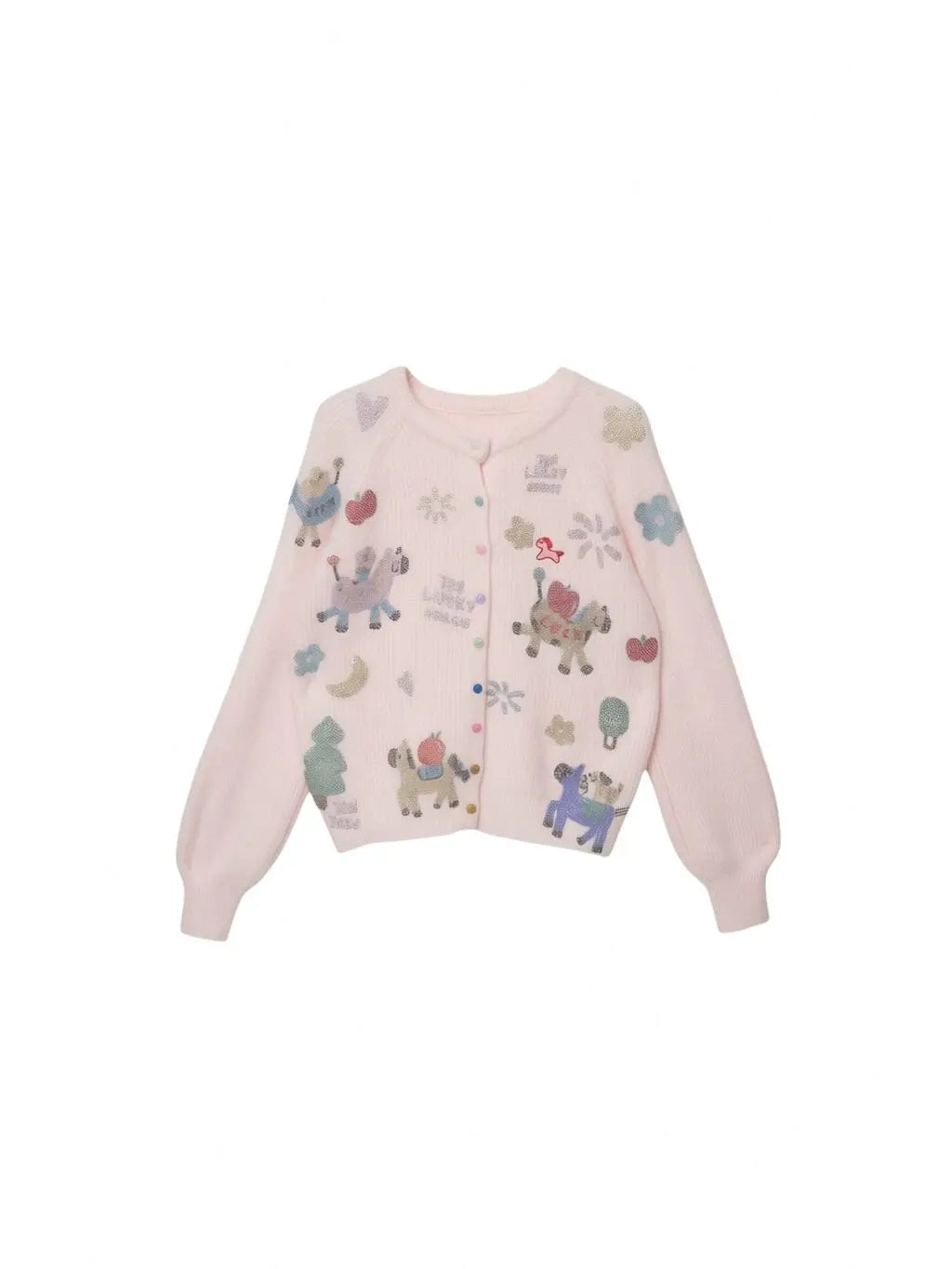 A light pink long-sleeve cardigan sweater featuring whimsical cartoon animal prints in various colors, displayed against a solid white background. TCH Cute Rhinestone Animal Garden Knit Cardigan