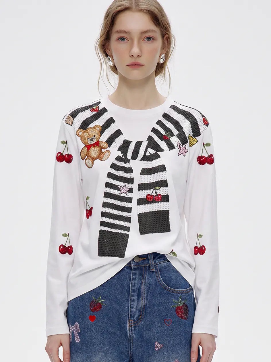TCH Cute Teddy Bear Cherry Print Long Sleeve Graphic T-Shirt Luxury Streetwear Brand Official Showcase