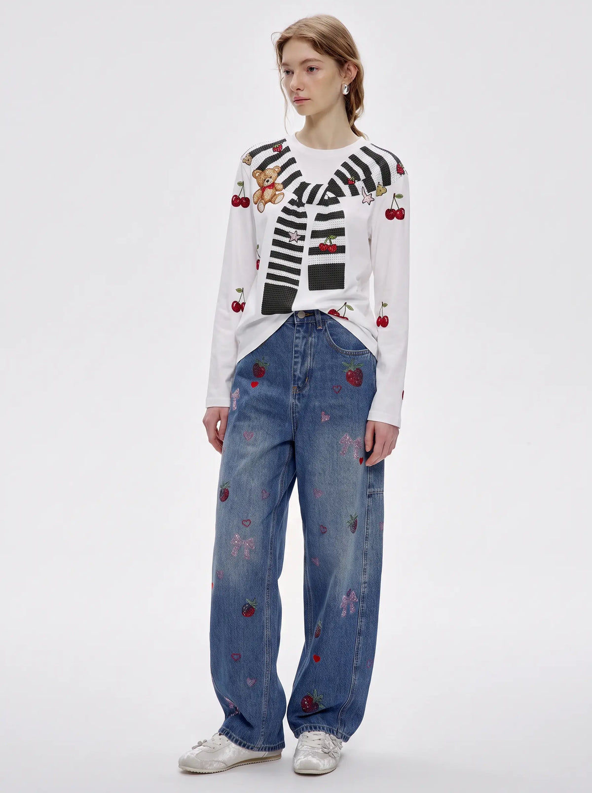TCH Cute Teddy Bear Cherry Print Long Sleeve Graphic T-Shirt Luxury Streetwear Brand Official Showcase