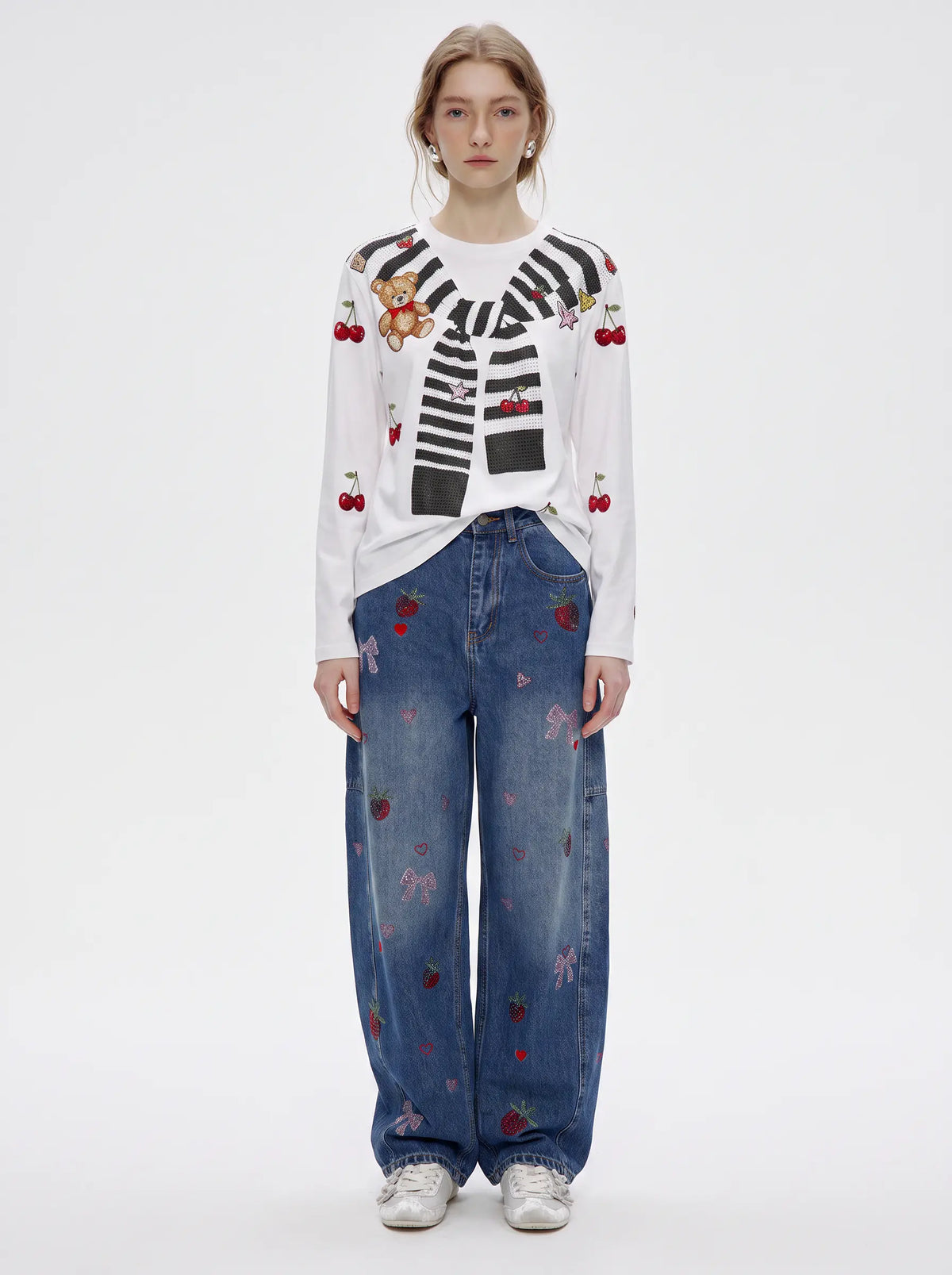 TCH Cute Teddy Bear Cherry Print Long Sleeve Graphic T-Shirt Luxury Streetwear Brand Official Showcase