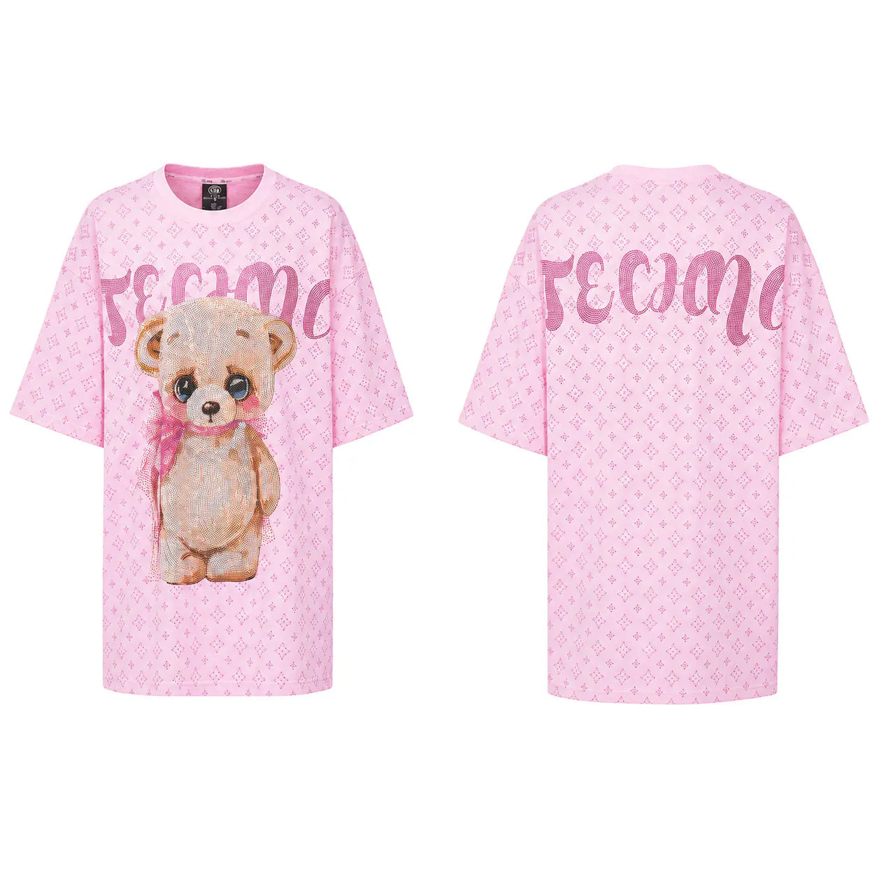A pink short-sleeve t-shirt shown from both front and back views. The front features a large watercolor-style teddy bear graphic with a pink bow and the word 'RECOME' in pink script across the chest. TCH Cute Teddy Bear Rhinestone Oversized T-Shirt Dress