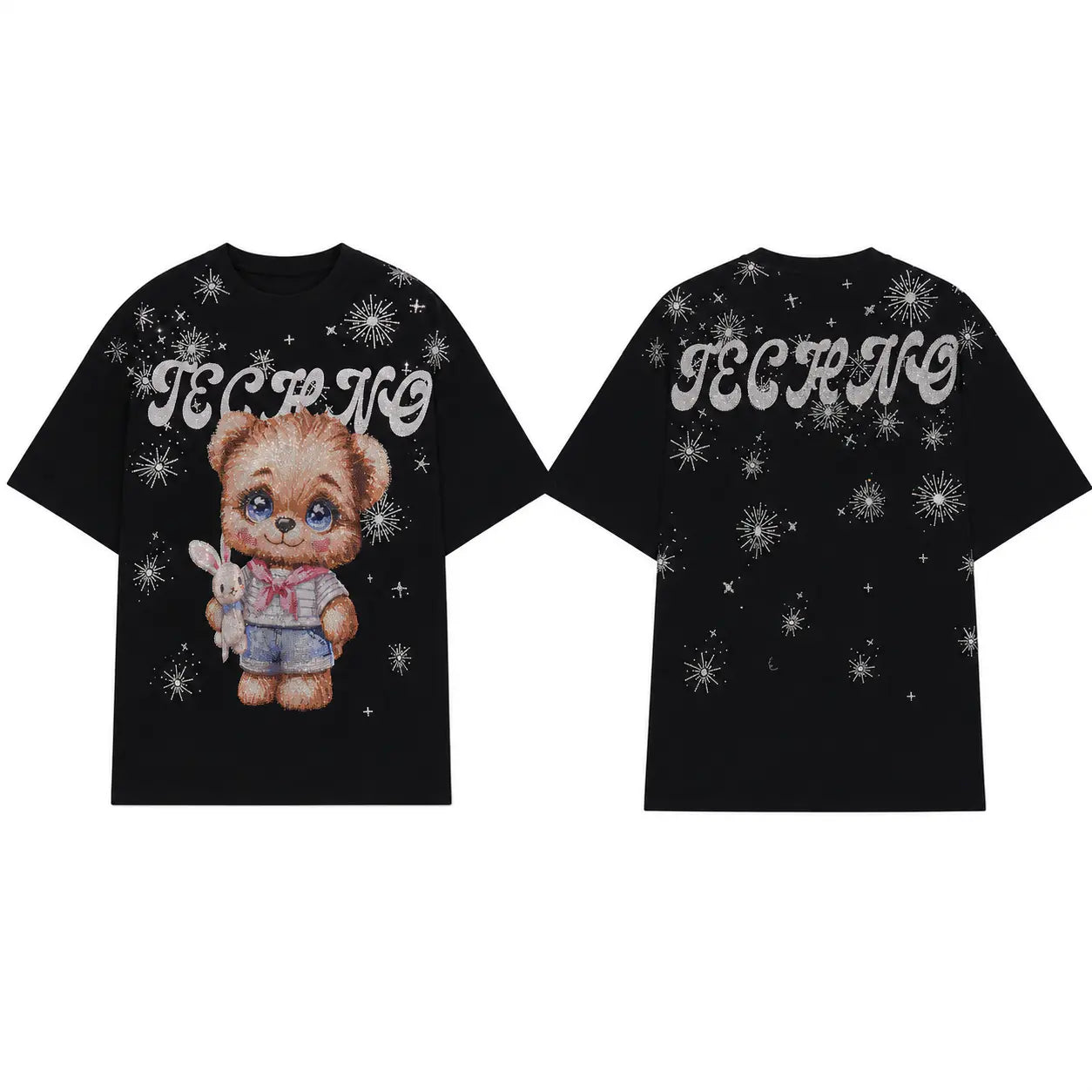 Black short-sleeve graphic T-shirt shown from both front and back. The front features a teddy bear illustration holding a small rabbit, with the word 'TECHNO' in white across the chest and white starburst motifs scattered across the shirt. TCH Cute Teddy Bear Rhinestone Oversized T-Shirt Dress