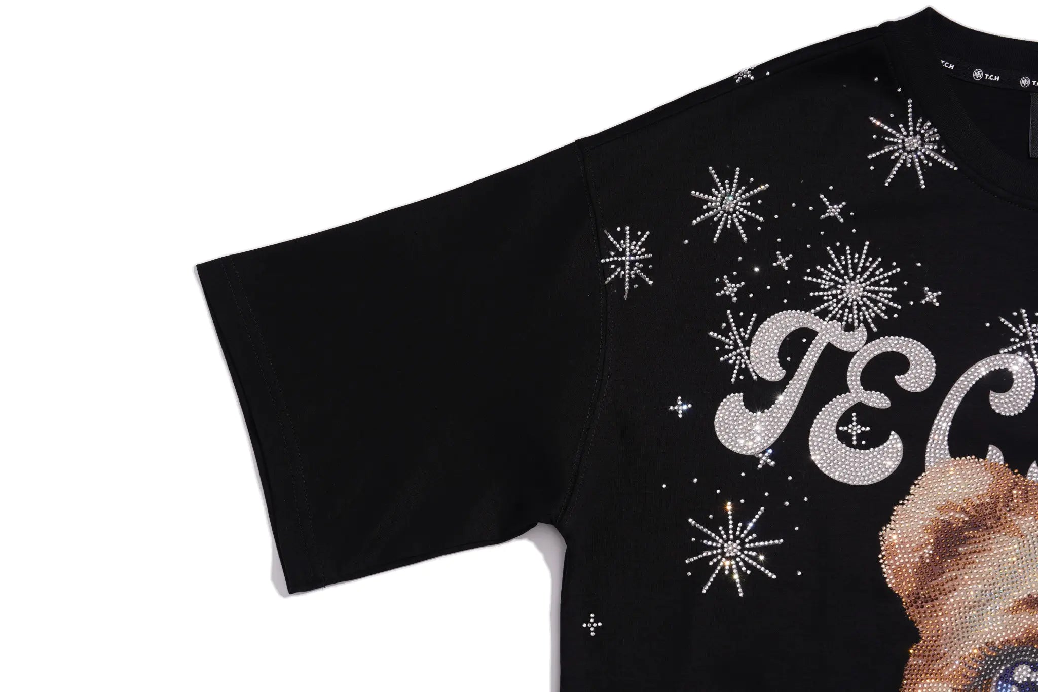 Close-up of a black short-sleeve T-shirt with silver rhinestone starburst motifs, large silver script lettering, and a brown dog graphic on a white background. TCH Cute Teddy Bear Rhinestone Oversized T-Shirt Dress