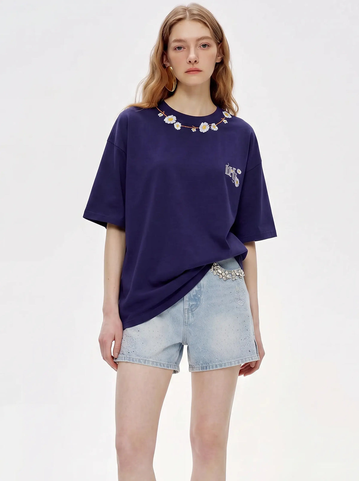 TCH Daisy Flower Graphic Oversized Navy Blue T-Shirt Luxury Streetwear Brand Official Showcase