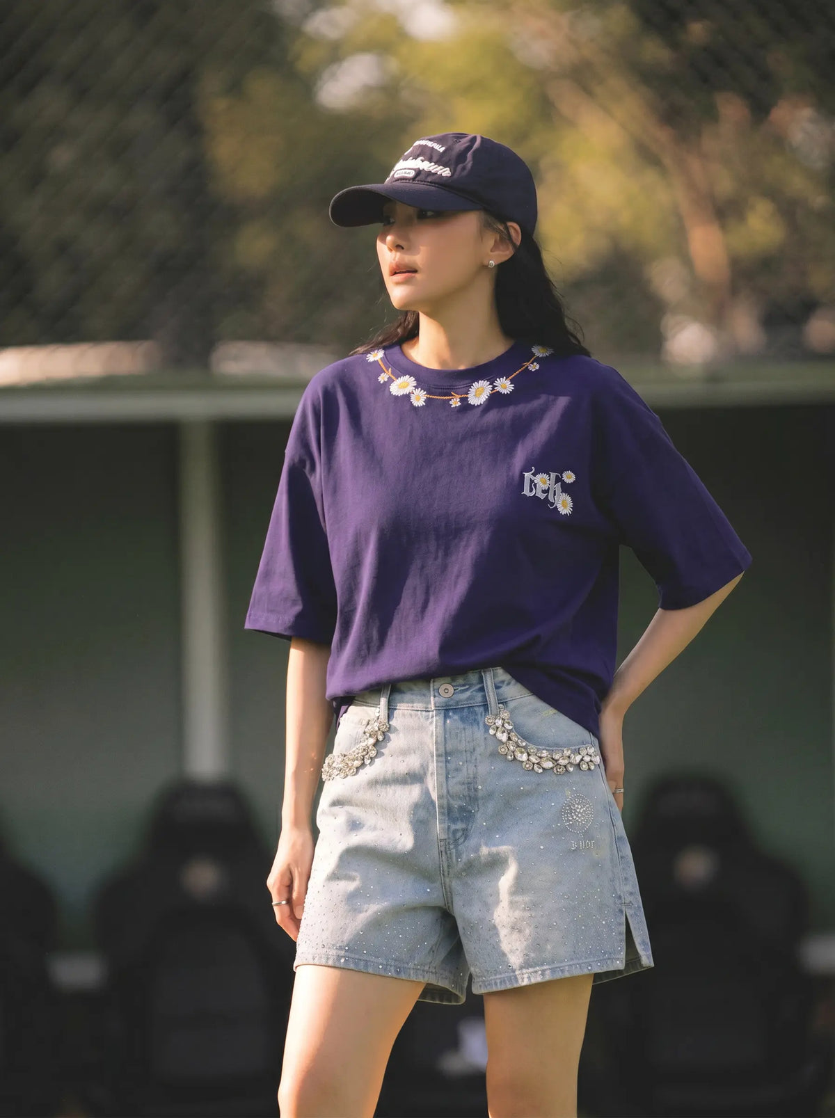TCH Daisy Flower Graphic Oversized Navy Blue T-Shirt Luxury Streetwear Brand Official Showcase