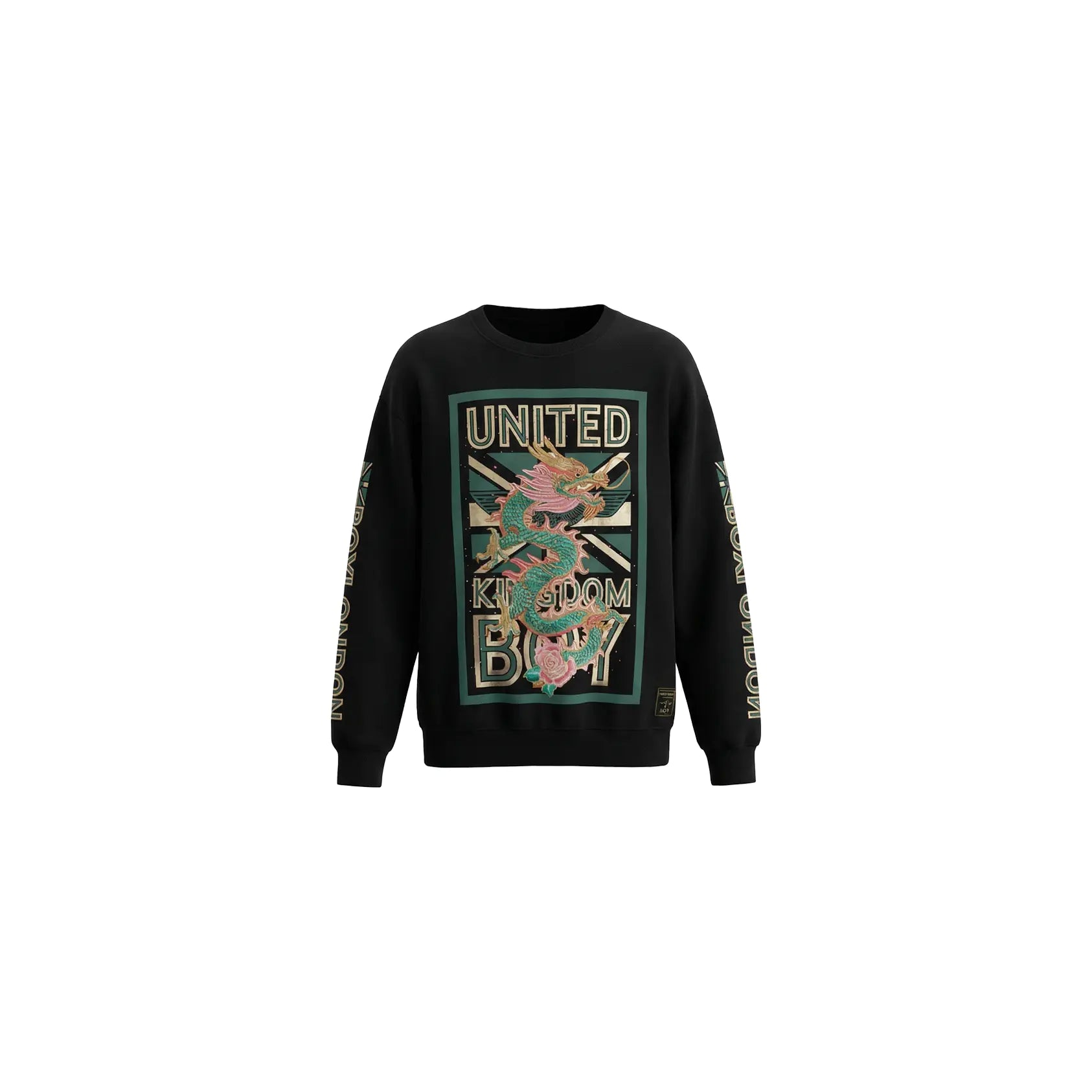 Black sweatshirt with colorful graphics and text on a white background, TCH Dragon Embroidered Rhinestone Sweatshirt-