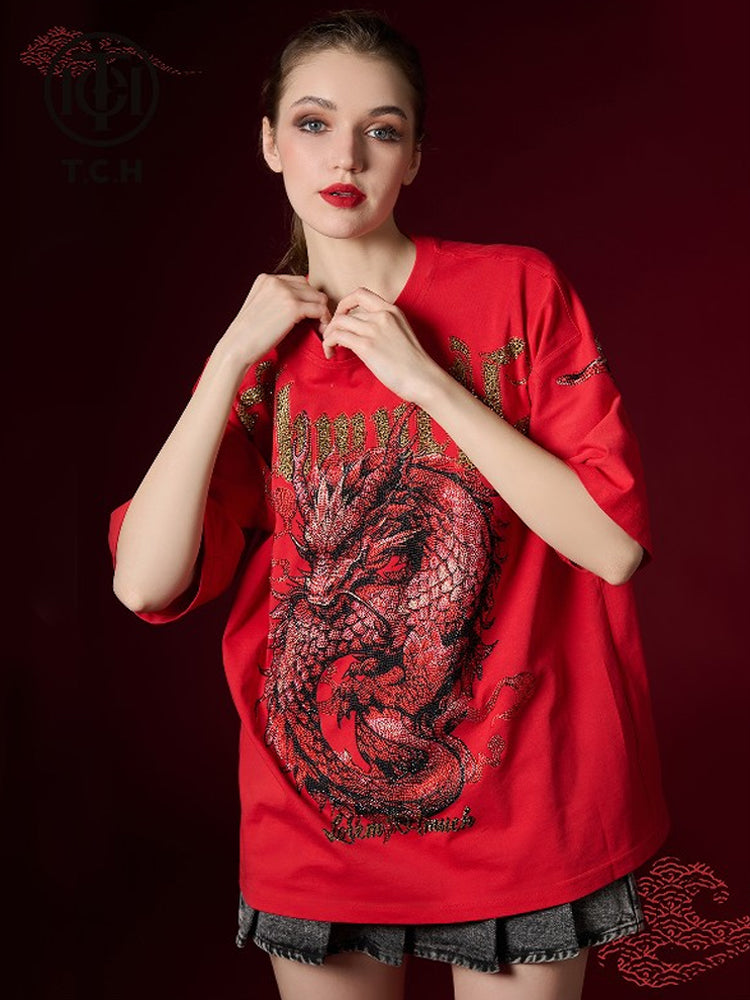 TCH tch dragon rhinestone bling trendy t-shirt /oversized hoodie