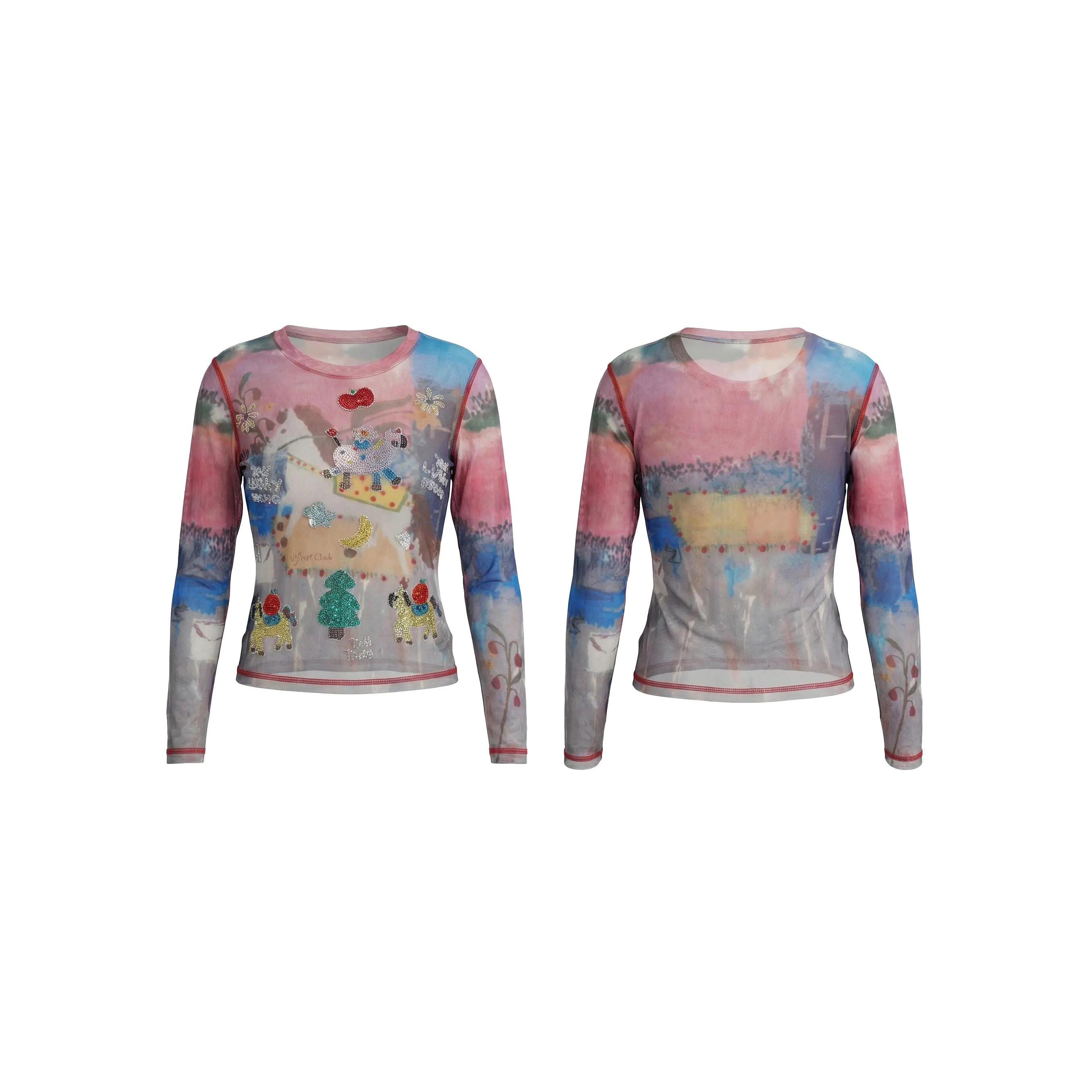 Two long-sleeve crewneck shirts shown front and back on a plain white background. The shirts feature a colorful abstract and scenic print with pink, blue, gray, yellow, and green tones, including a horse and landscape motifs. TCH Dream Garden Rhinestone Mesh Long Sleeve Top