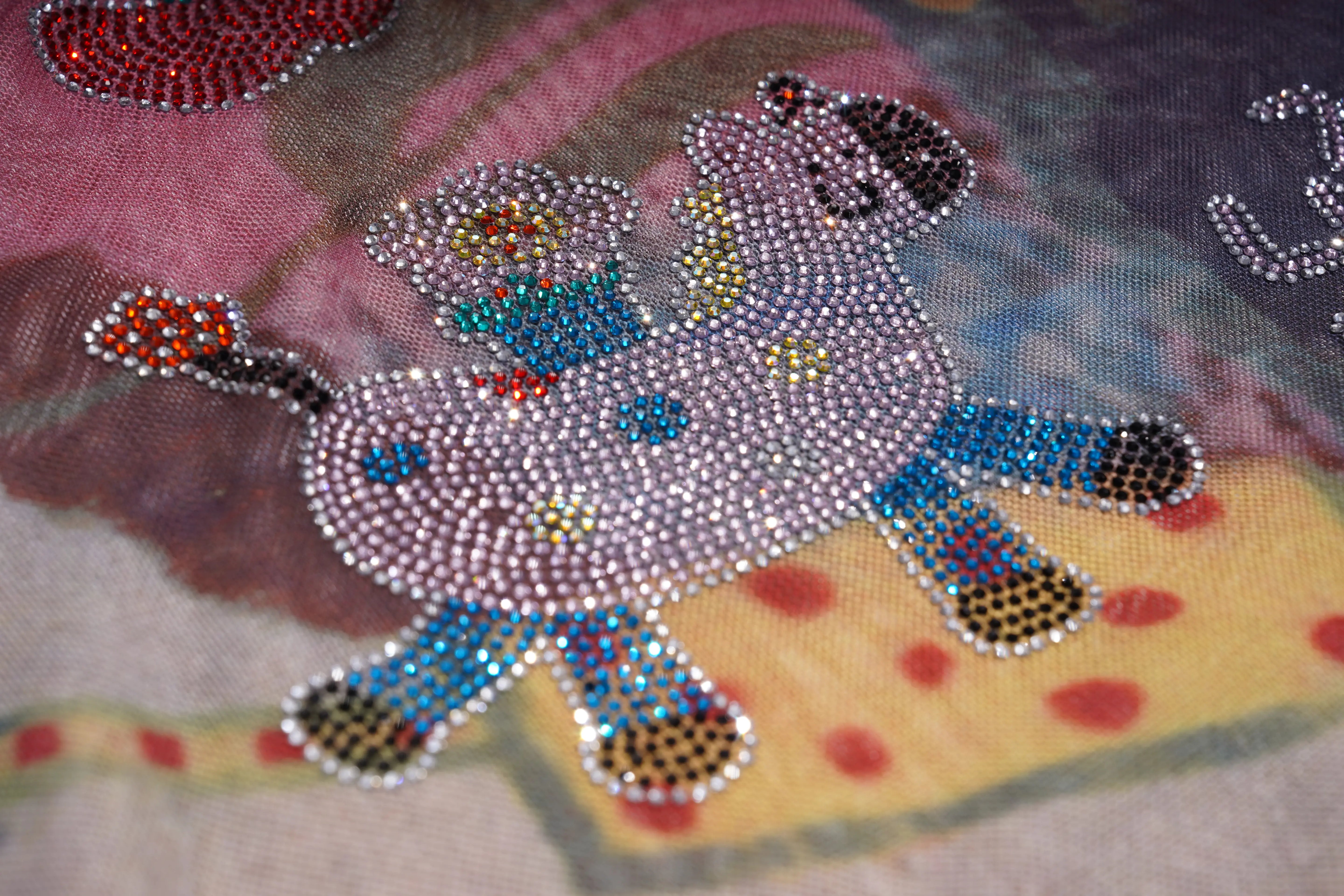 A close-up of a colorful beaded textile featuring a stylized dog design made of silver, blue, yellow, red, and black rhinestones on a patterned fabric background. TCH Dream Garden Rhinestone Mesh Long Sleeve Top