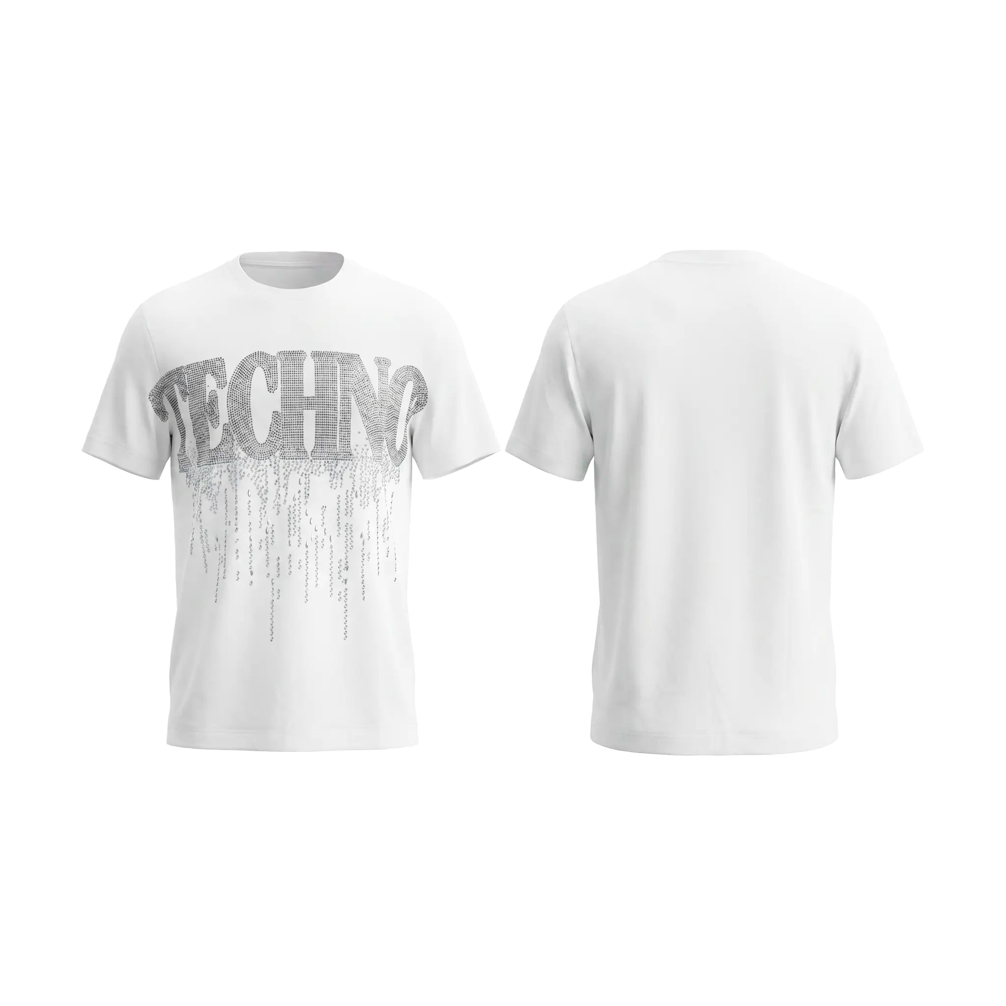 A white short-sleeve t-shirt shown from both the front and back. The front features a large graphic print spelling 'TECHNO' in a gray pixelated font with a dripping effect. TCH Dripping Rhinestone Logo Graphic T-Shirt