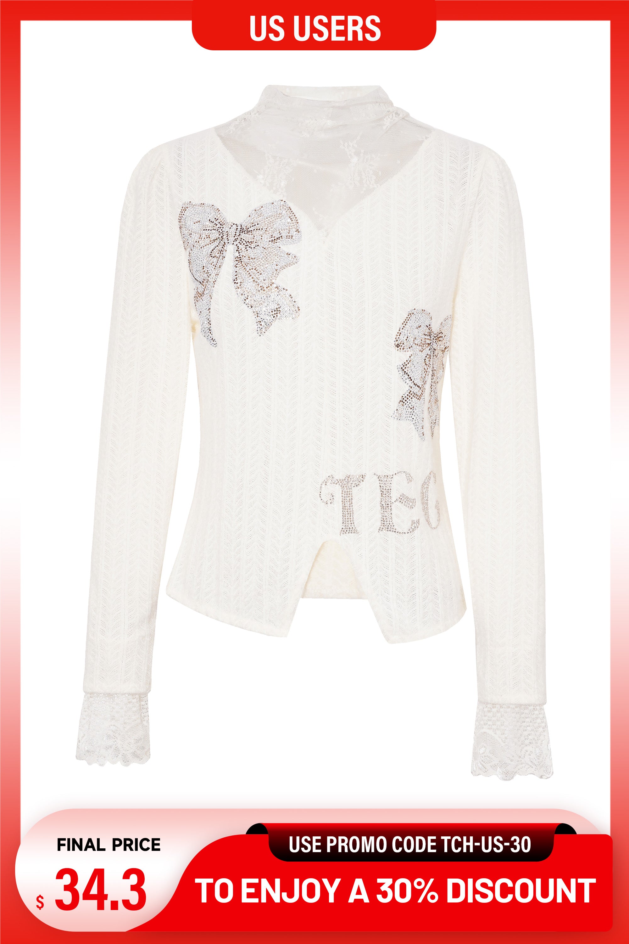 Teal tracksuit with rhinestone design on a white background, TCH Dual-Layer Mesh V-Neck Rhinestone Bow Beige Crop Turtleneck Top