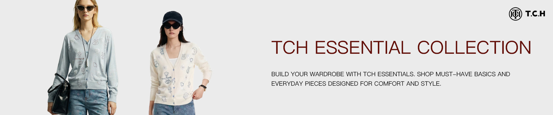 Two women modeling clothing with promotional text for TCH Essential Collection.