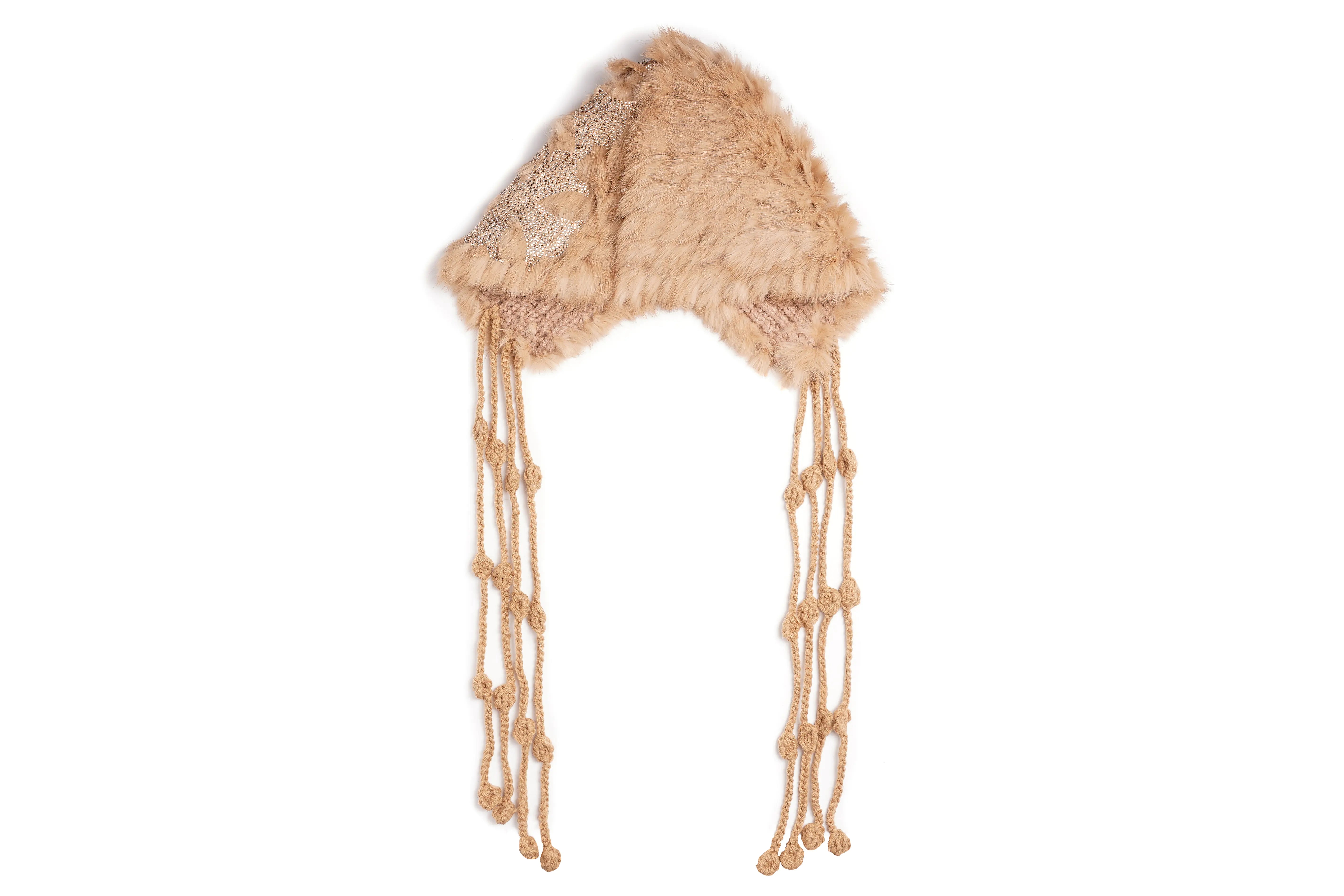 A light tan faux fur hat with long knotted ear flaps, shown against a plain white background. TCH Faux Fur Rhinestone Knit Tassel Winter Hat