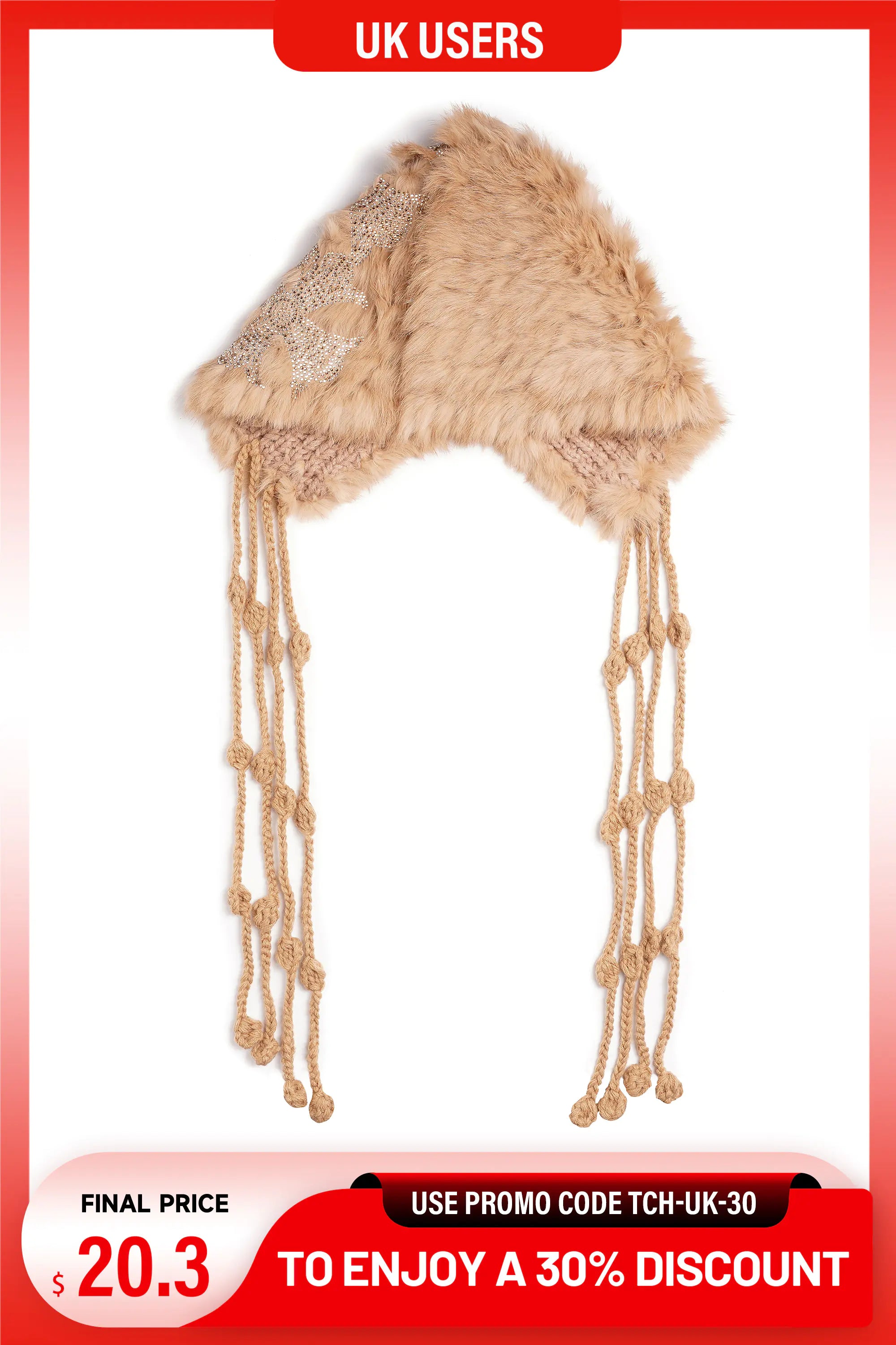 A beige faux fur winter hat with long braided ear flaps and knotted tassels, shown on a white background with promotional text banners at the top and bottom. TCH Faux Fur Rhinestone Knit Tassel Winter Hat