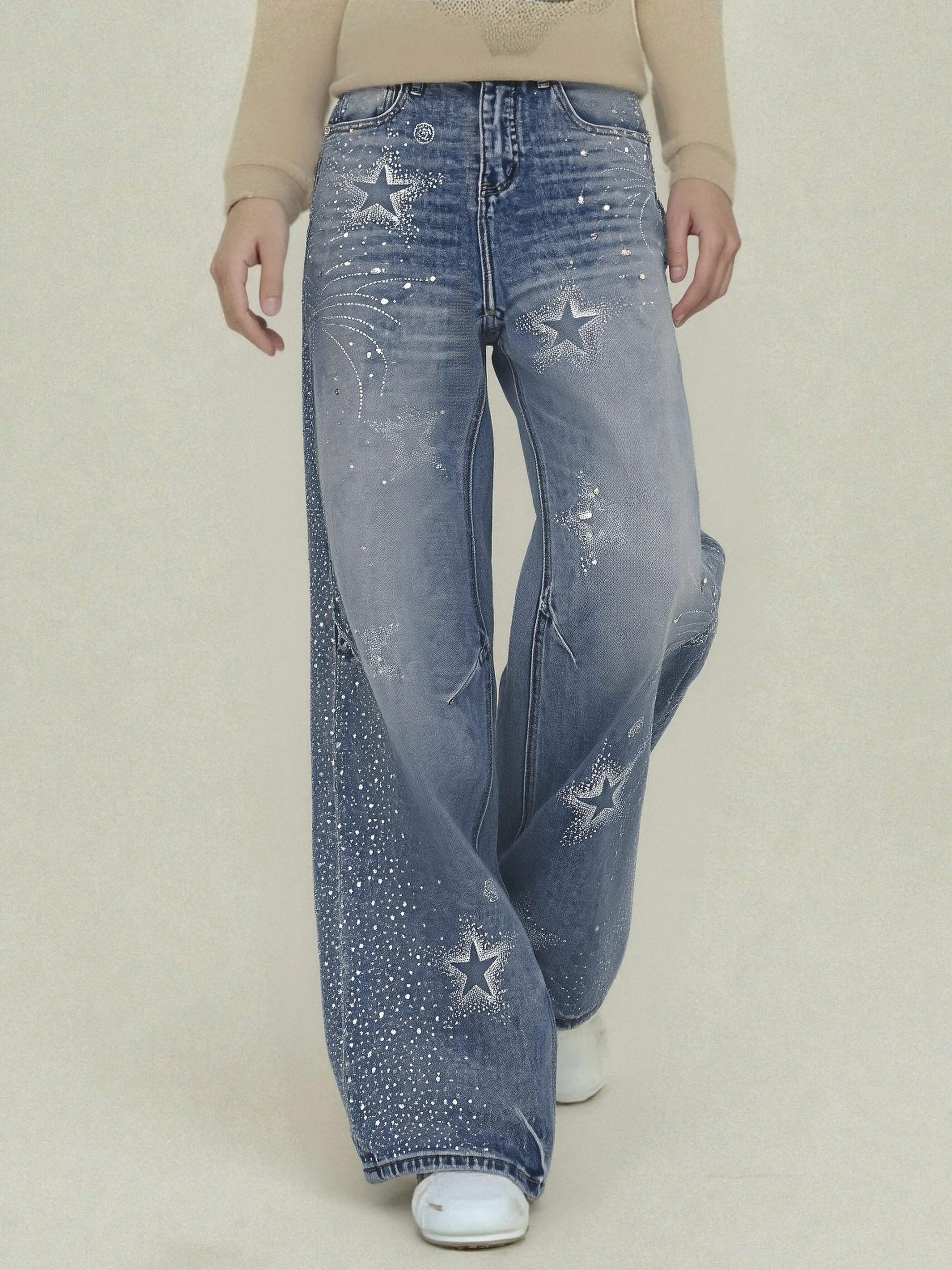 Blue jeans with star patterns worn by a person on a plain background, TCH Firework Star Rhinestone Straight-Leg Blue Jeans