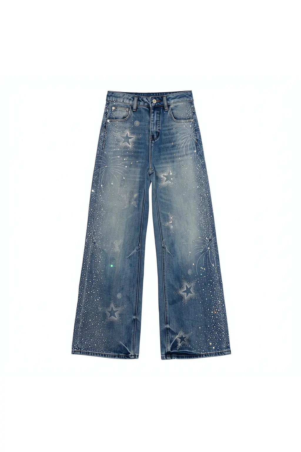Blue jeans with star patterns on a white background, TCH Firework Star Rhinestone Straight-Leg Blue Jeans