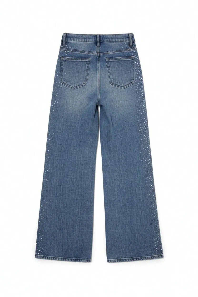 Blue jeans on a white background, TCH Firework Star Rhinestone Straight-Leg Blue Jeans