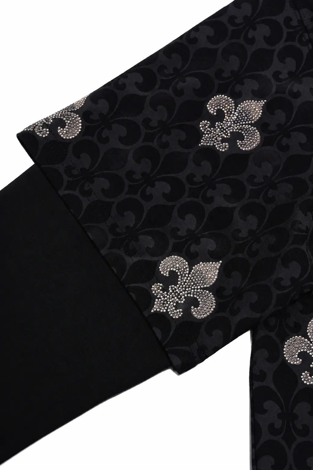 Black fabric garment detail with a subtle damask pattern and silver rhinestone-embellished fleur-de-lis motifs, shown against a white background. TCH Fleur-de-Lis Pattern Layered Long Sleeve T-Shirt