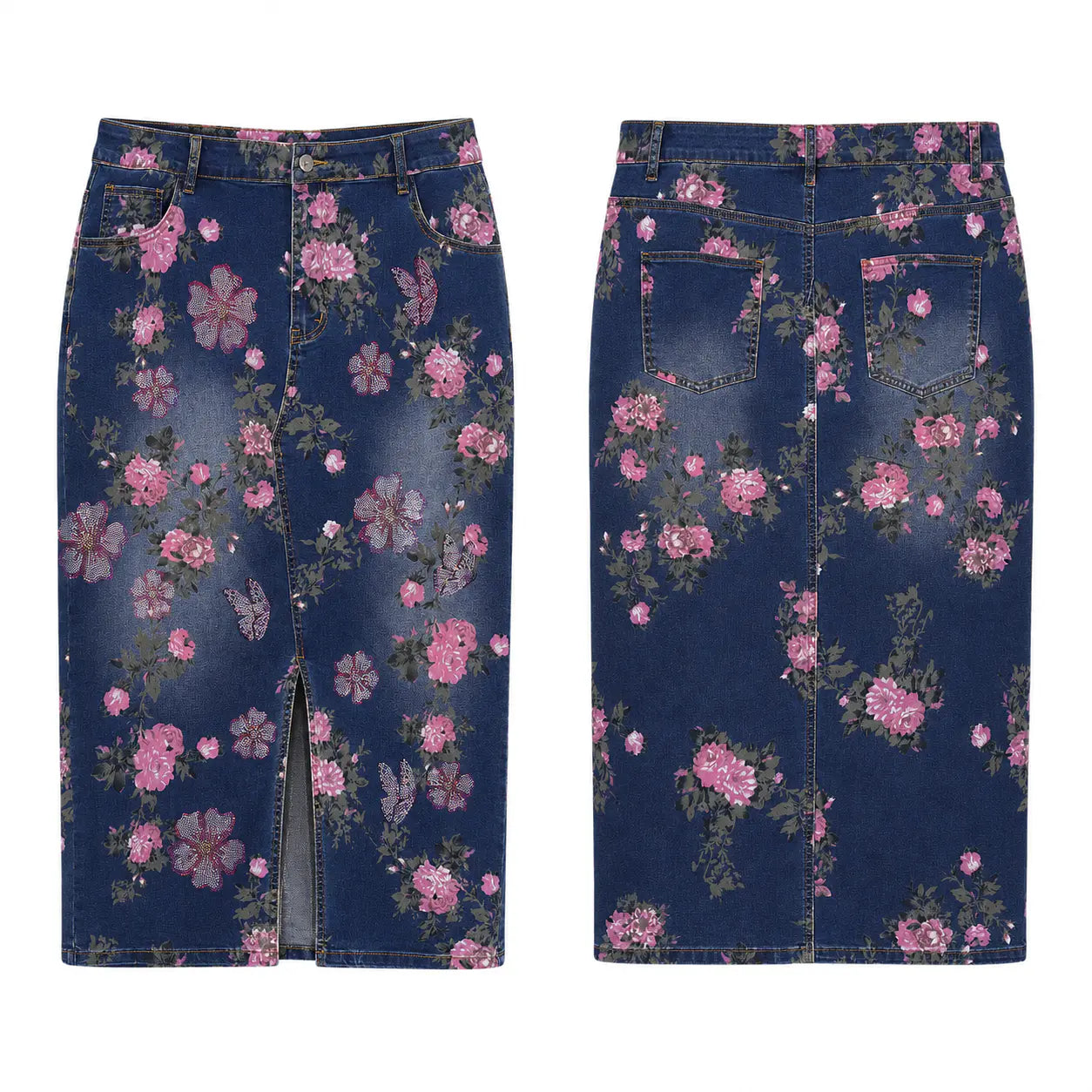 A pair of dark blue denim skirt shown from the front and back, featuring an all-over pink and purple floral print with green leaves and a front slit on the front view. TCH Floral Butterfly Print Denim Midi Skirt