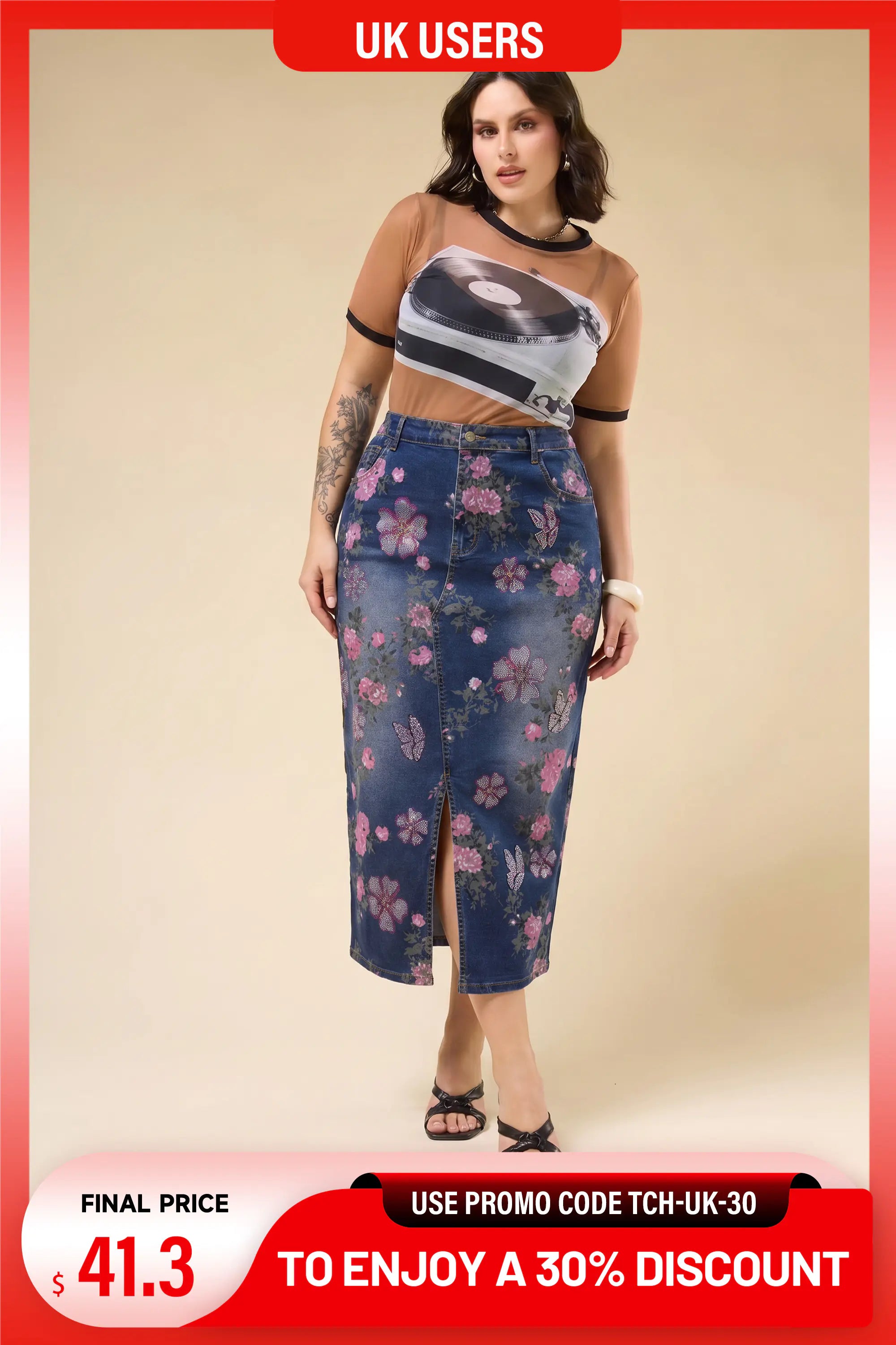 A woman modeling a two-piece outfit consisting of a sheer beige crop top with a black and white graphic print and a high-waisted blue denim skirt with a pink floral print, set against a solid beige background with promotional text overlays. TCH Floral Butterfly Print Denim Midi Skirt