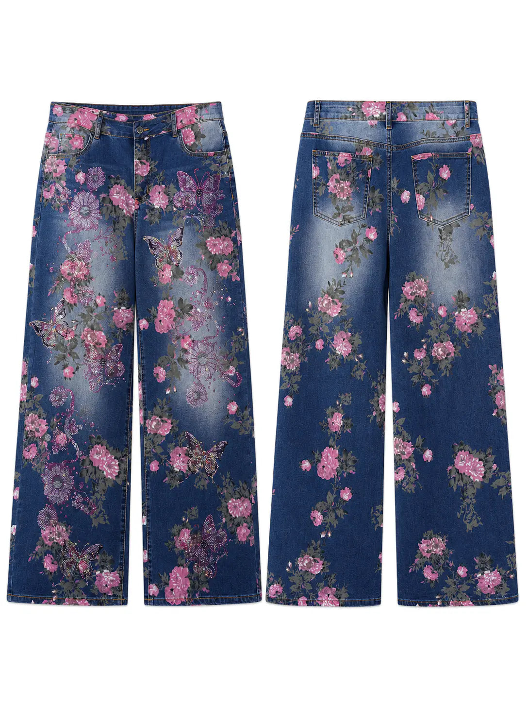 A pair of wide-leg denim jeans shown from both the front and back views, featuring a dark blue wash with a pink and purple floral print and distressed fading. TCH Floral Butterfly Rhinestone Wide-Leg Denim Jeans