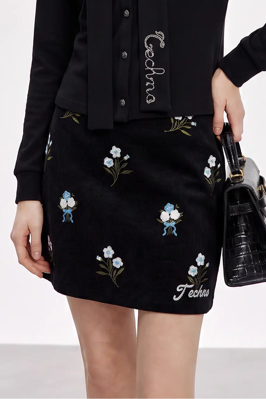 TCH Floral Embroidered Techno Corduroy Mini Skirt