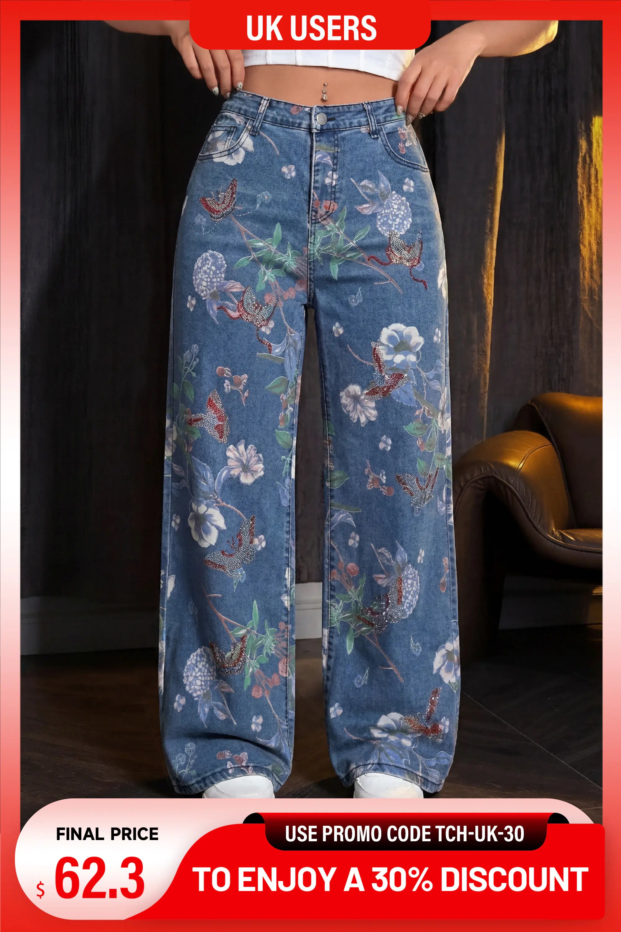 TCH Floral Print Rhinestone Butterfly Denim Jeans Luxury Streetwear Brand Official Showcase