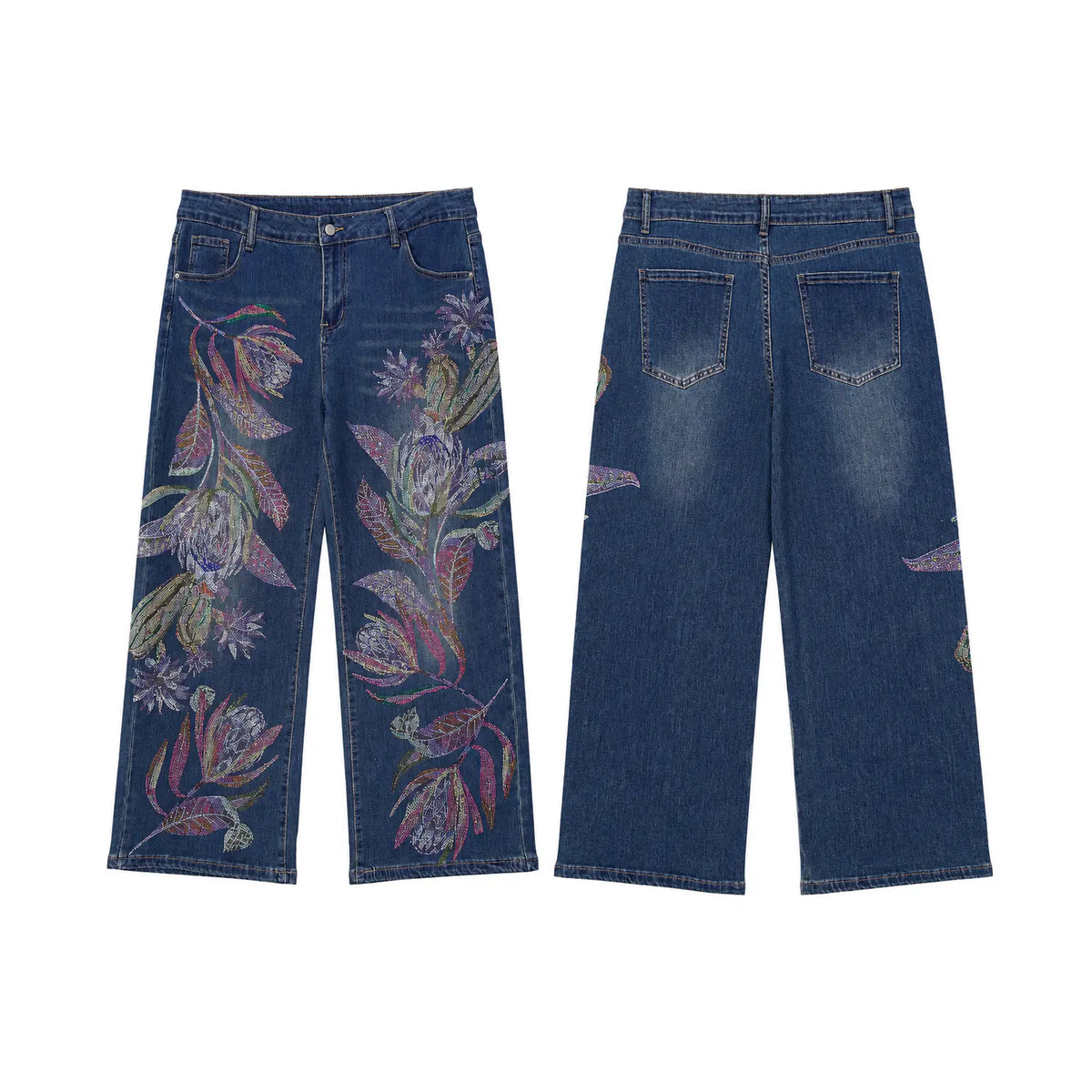Front and back views of dark blue denim jeans featuring colorful floral embroidery in purple, pink, and green on the legs, displayed against a solid white background. TCH Floral Print Wide-Leg Denim Jeans