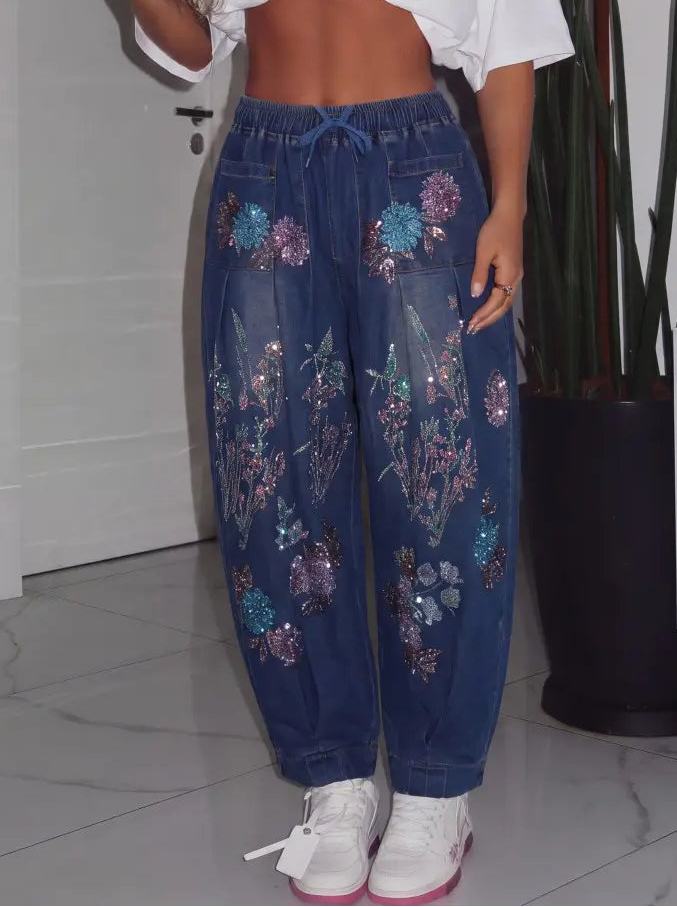 TCH Floral Print Wide-Leg Denim Jogger Pants Luxury Streetwear Brand Official Showcase
