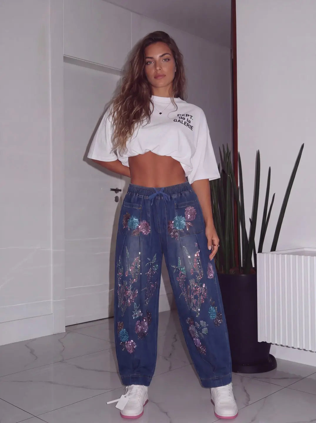 TCH Floral Print Wide-Leg Denim Jogger Pants Luxury Streetwear Brand Official Showcase