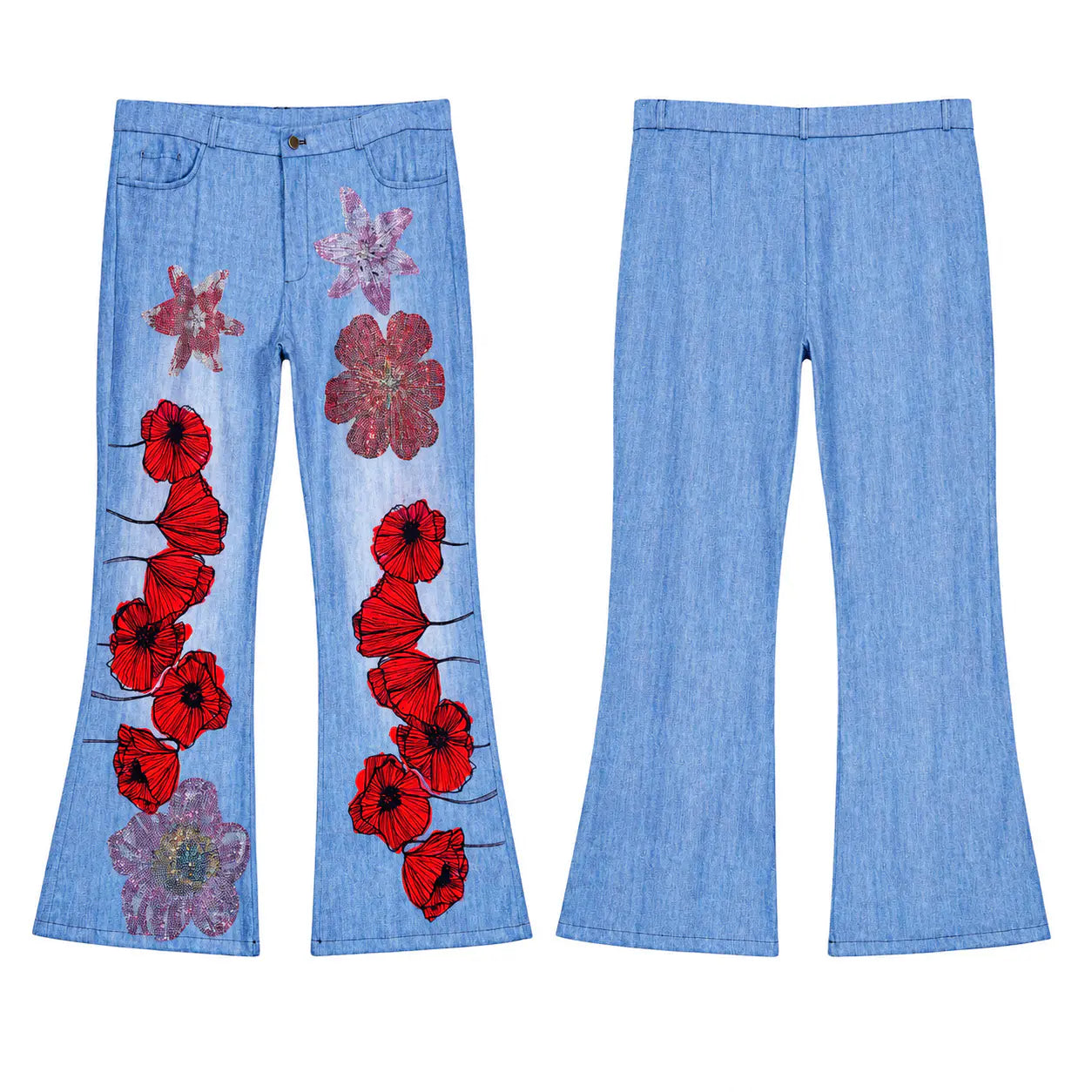 Light blue denim flare jeans shown from the front and back, featuring red and pink floral embroidery down the front of each leg. TCH Floral Rhinestone Wide Leg Denim Jeans