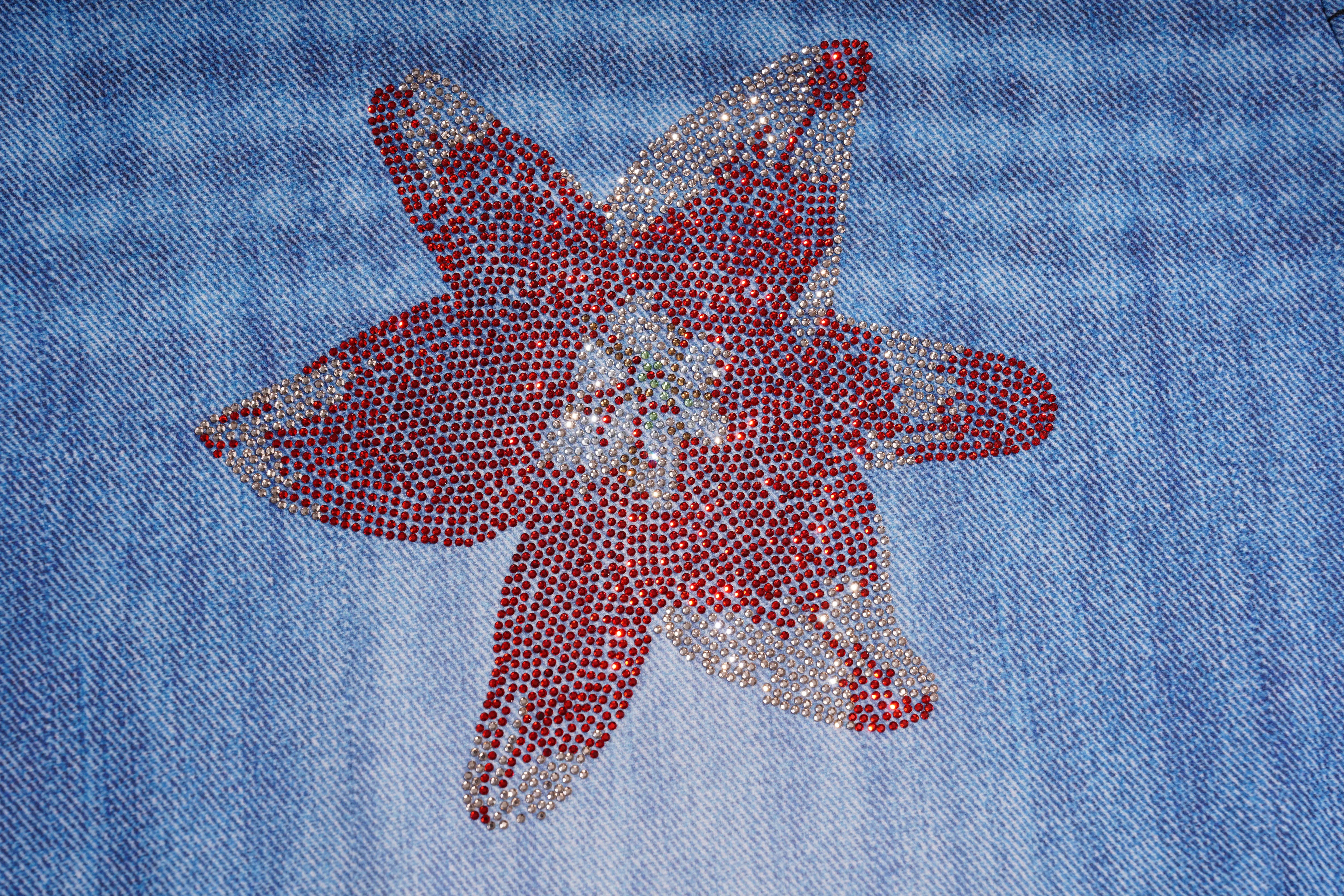 A close-up of blue denim fabric featuring a large starfish applique embellished with red and silver rhinestones. TCH Floral Rhinestone Wide Leg Denim Jeans