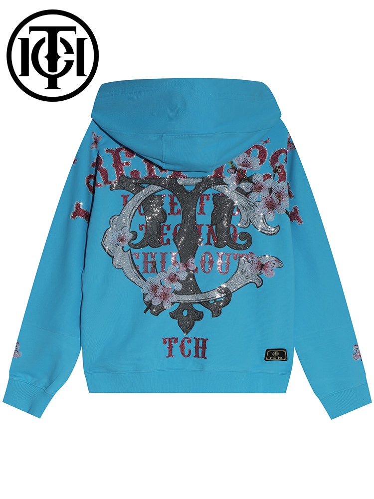 TCH Flower Print Rhinestone Unisex Hoodie blue HighEnd Luxury Streetwear Brand Official Showcase