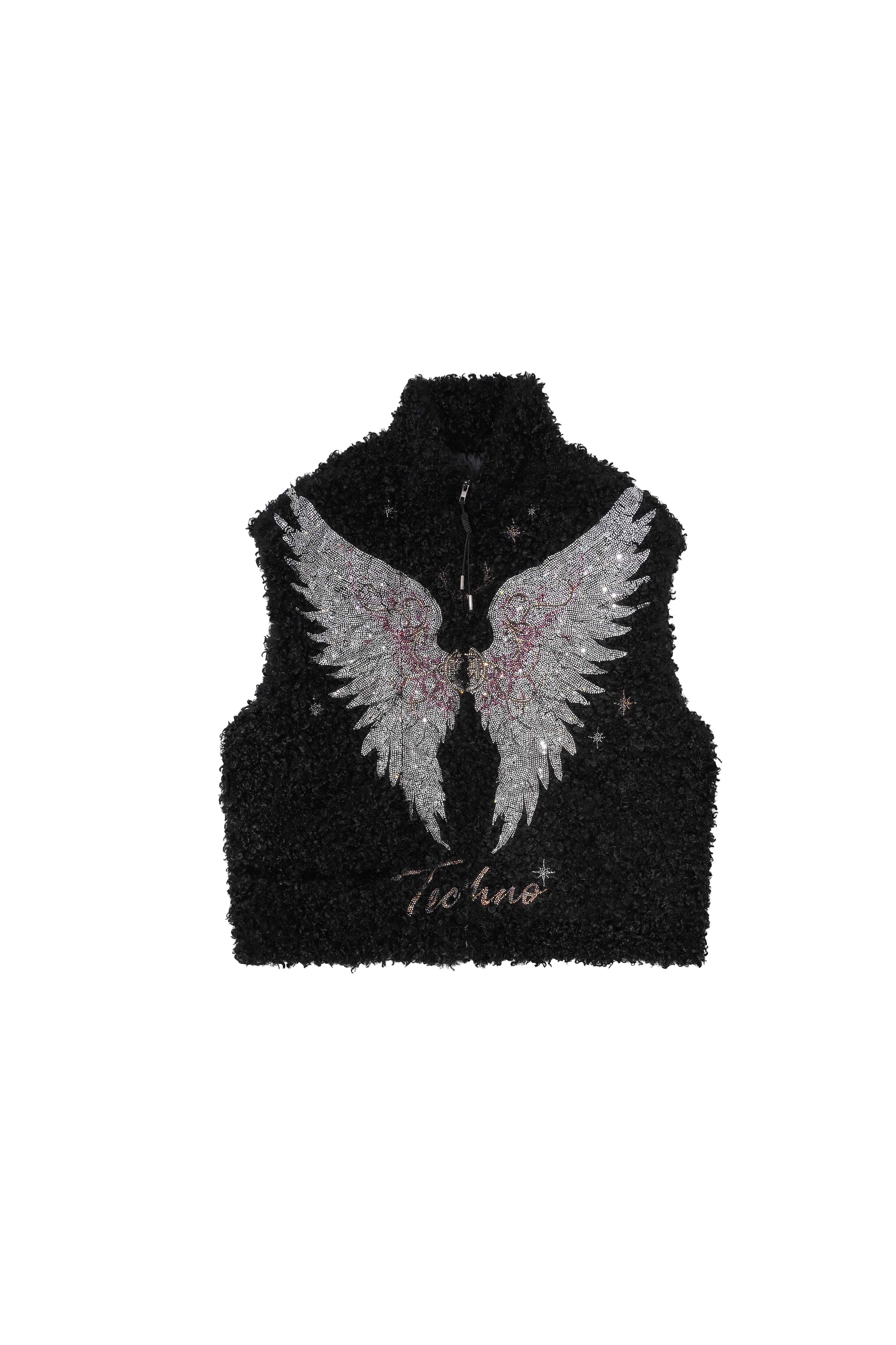 Black fleece vest with angel wings design on a white background, TCH Fuzzy Rhinestone Wings High-Neck Zip Sleeveless Vest