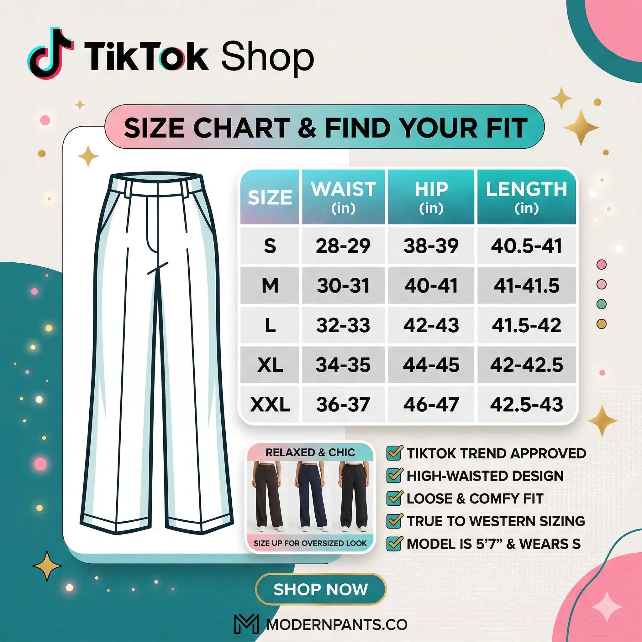 TikTok Shop size chart for pants with a pants icon and measurement details. TCH Galaxy Rhinestone Black Jogger Pants Luxury Streetwear Brand Official Showcase