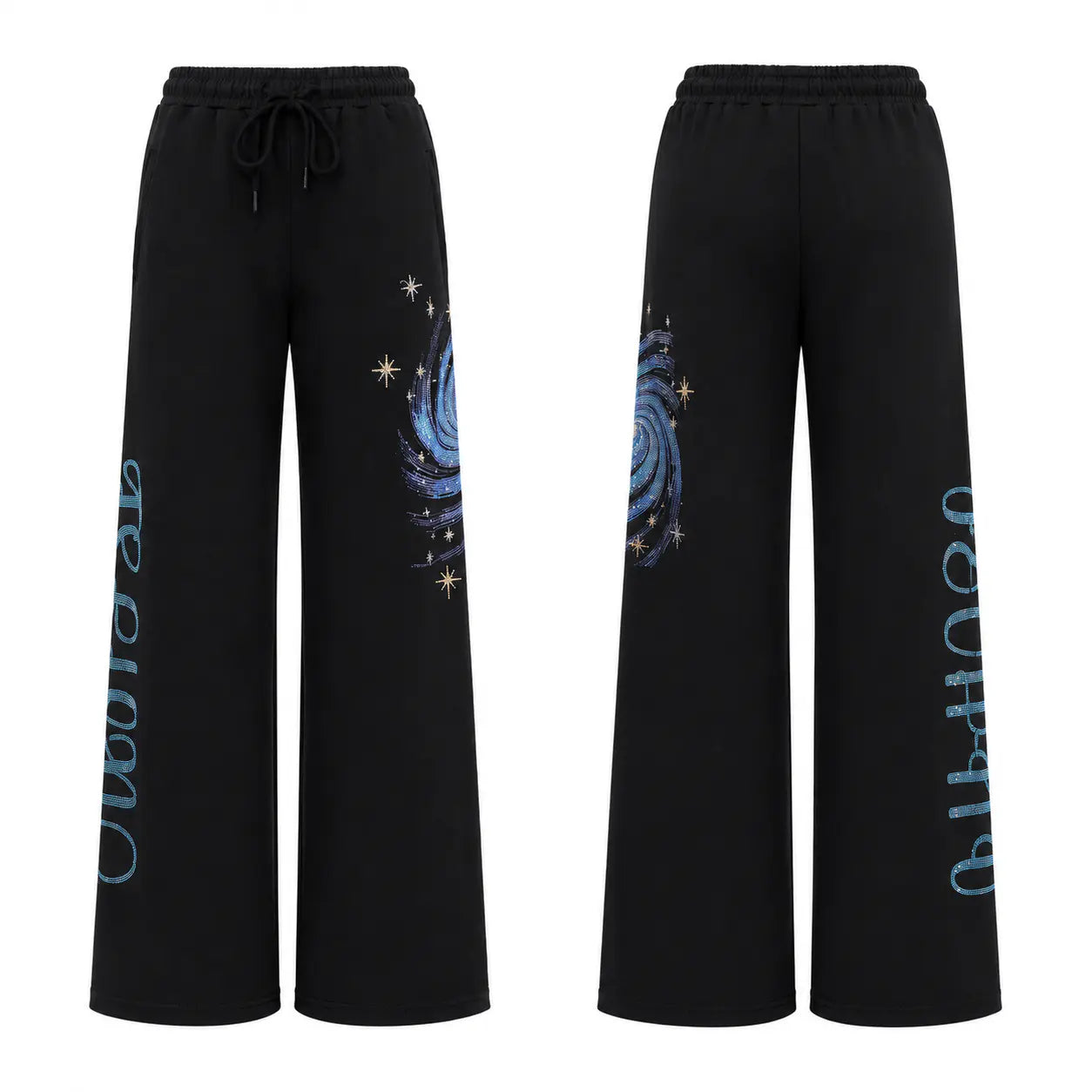 Black wide-leg sweatpants shown from the front and back, featuring a blue spiral galaxy print with gold stars on the upper leg and light blue vertical script text down the side. TCH Galaxy Rhinestone Wide Leg Sweatpants