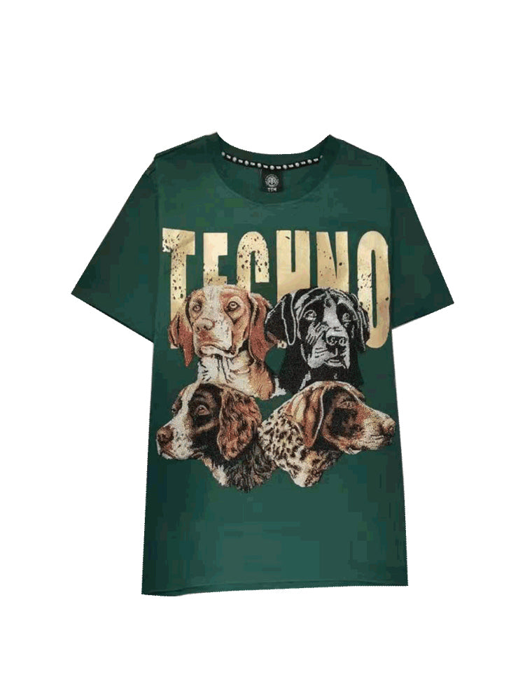 tch gold dog print rhinestone oversized t-shirt darkgreen HighEnd Luxury Streetwear Brand Official Showcase