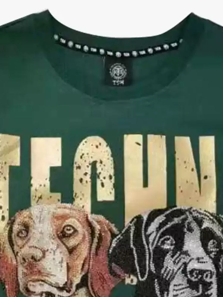 tch gold dog print rhinestone oversized t-shirt darkgreen HighEnd Luxury Streetwear Brand Official Showcase
