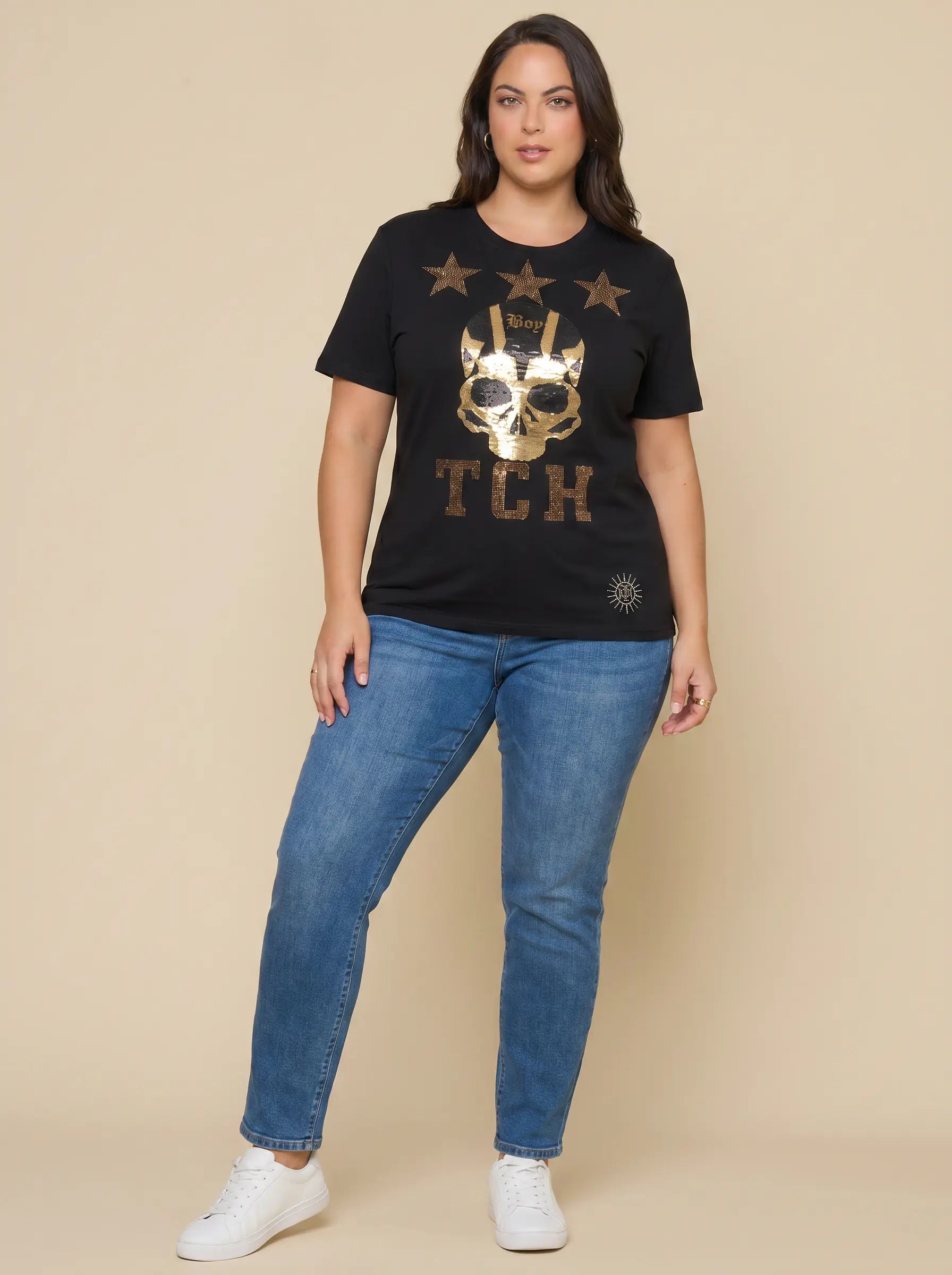 TCH Golden Skull & Star Rhinestone Graphic Black T-Shirt TCH Golden Skull & Star Rhinestone Graphic Black T-Shirt