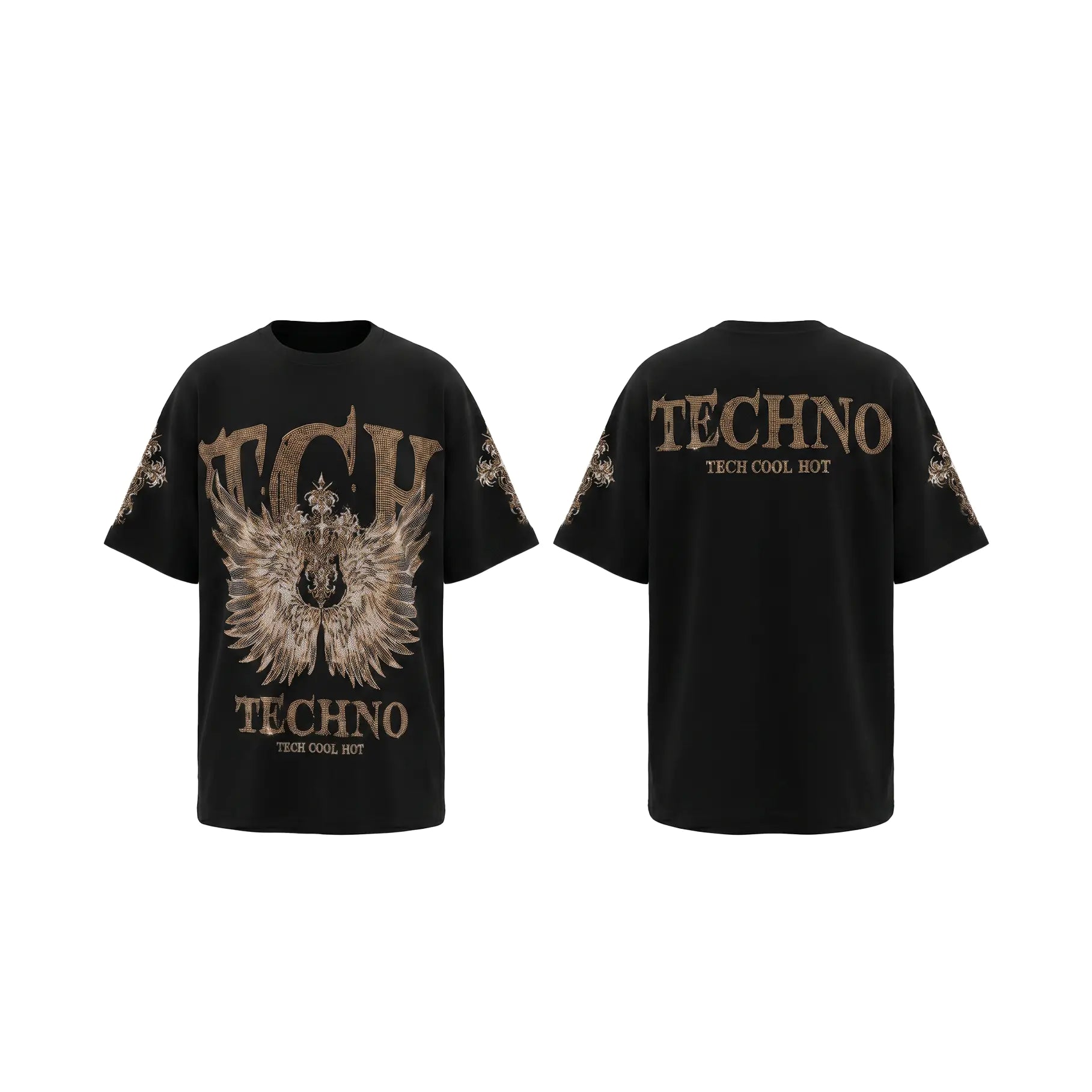 Black short-sleeve graphic T-shirt shown from the front and back, featuring a large metallic gold and beige eagle design with 'TECHNO' text on the front, and 'TECHNO' text across the upper back. TCH Golden Wing Techno Oversized Graphic T-Shirt