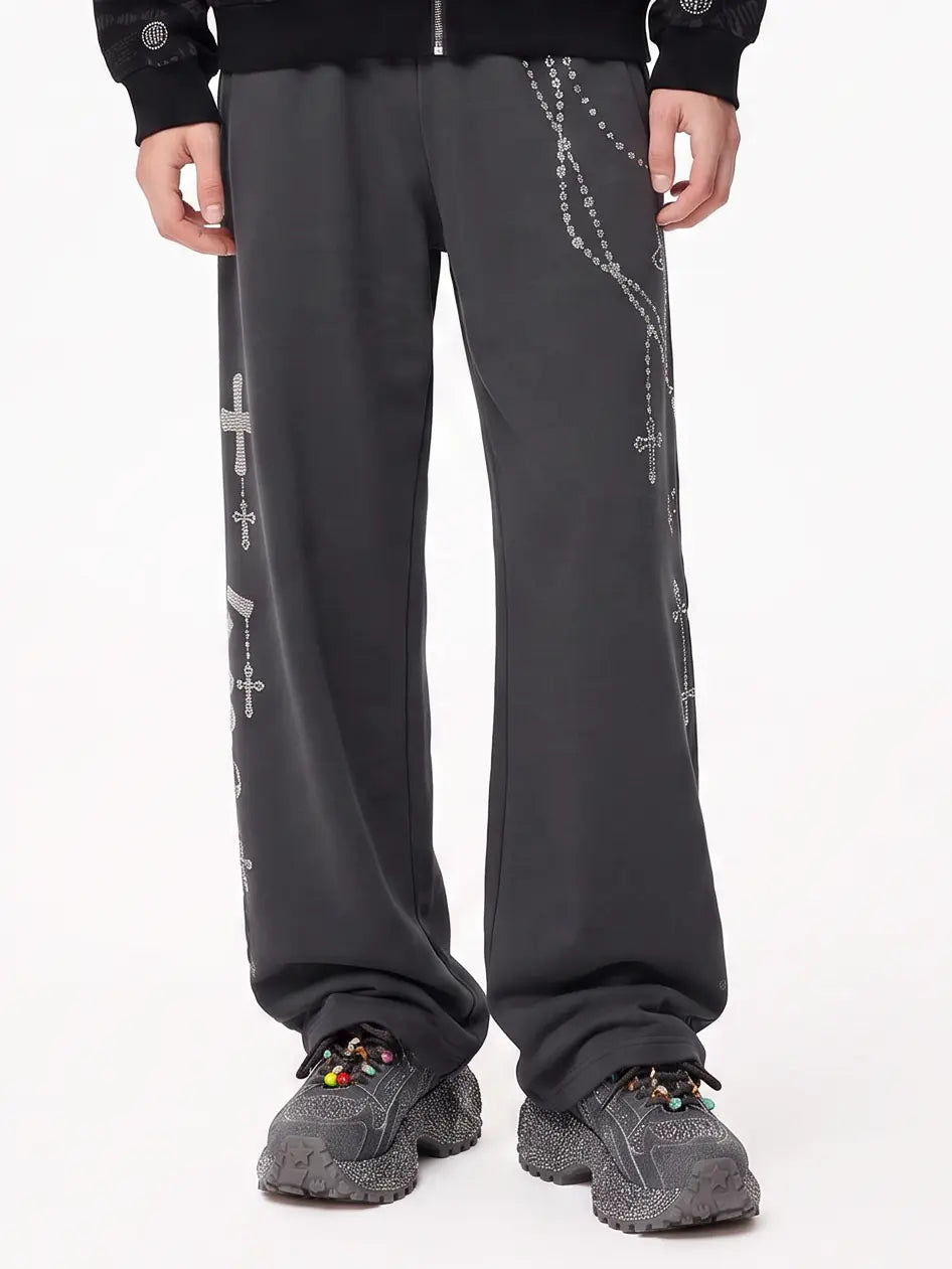 TCH Gothic Cross Rhinestone Wide Leg Sweatpants Luxury Streetwear Brand Official Showcase