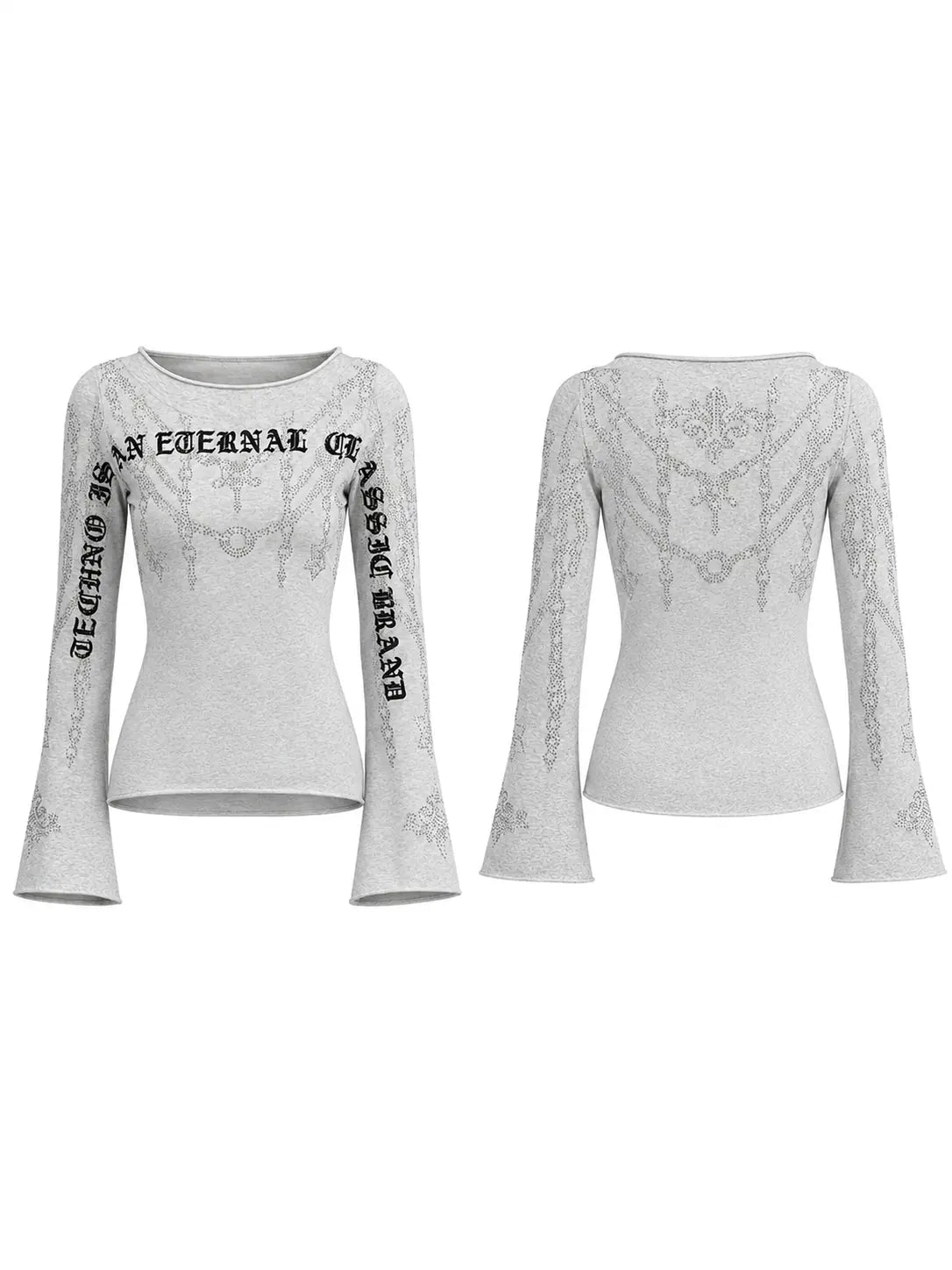 A light gray long-sleeve top shown from both front and back. The front features black gothic-style text reading 'Eternal' and 'Assailant' with a faint gothic pattern underneath, and the back has a matching light gray gothic pattern. TCH Gothic Rhinestone Lace Pattern Flared Sleeve Long Sleeve Top