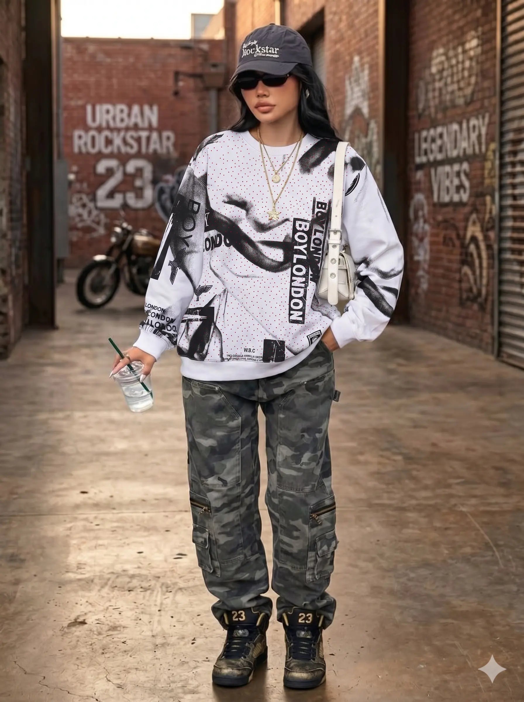 Person wearing a graphic sweatshirt and camouflage pants in an urban setting with graffiti. TCH Graffiti Logo Print Crewneck Sweatshirt