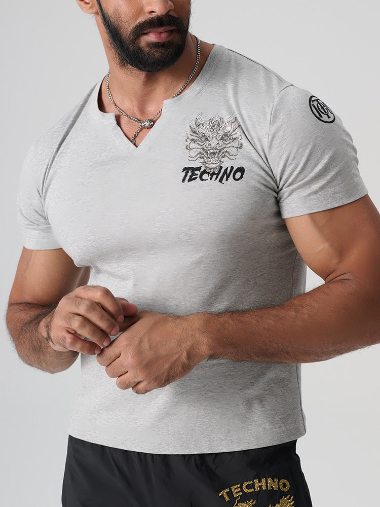 TCH Graphic Rhinestone Cotton V Neck Tee lightgray HighEnd Luxury Streetwear Brand Official Showcase