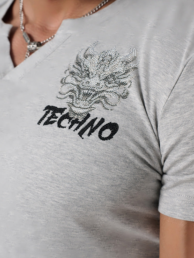 TCH graphic rhinestone cotton v neck tee lightgray HighEnd Luxury Streetwear Brand Official Showcase