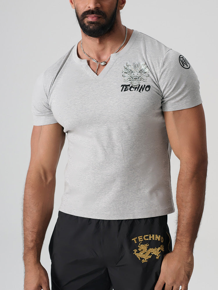 TCH graphic rhinestone cotton v neck tee lightgray HighEnd Luxury Streetwear Brand Official Showcase 