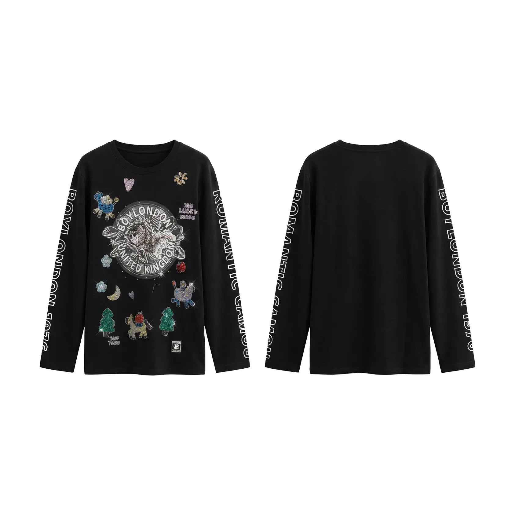 Black long-sleeve shirt with colorful graphics and text on a white TCH Graphic Rhinestone Heat Transfer Crewneck Sweatshirt-background