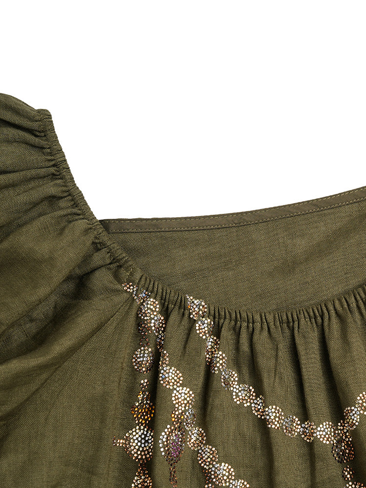 tch graphic rhinestone puff sleeve jumpsuit armygreen HighEnd Luxury Streetwear Brand Official Showcase