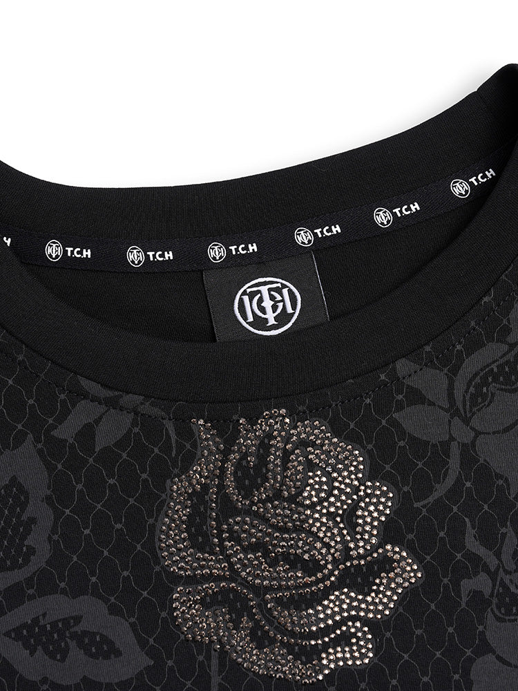 tch graphic rhinestone rose print fahion tee black HighEnd Luxury Streetwear Brand Official Showcase