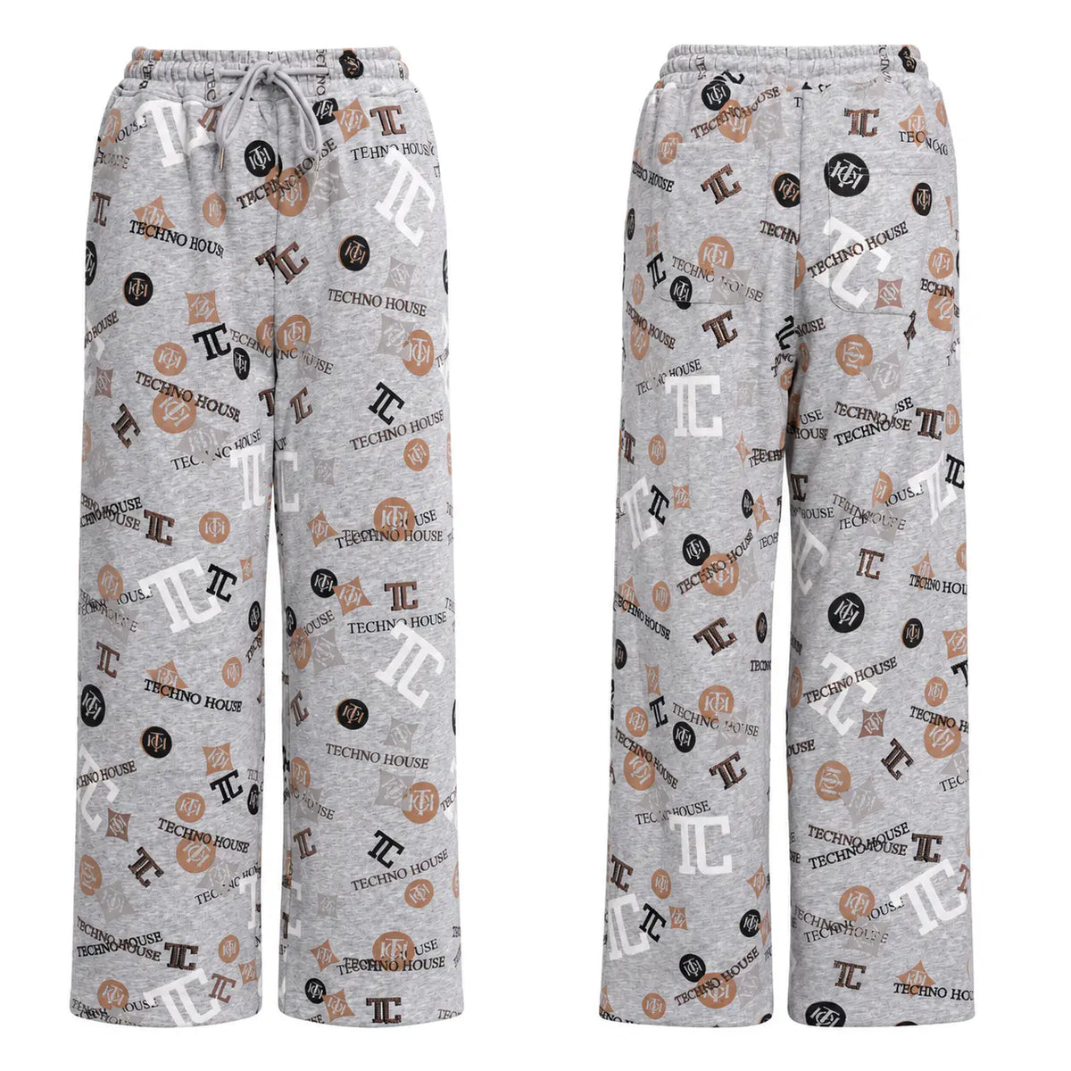 A pair of wide-leg lounge pants shown from the front and back on a plain white background. The pants are light heather gray with an all-over repeating 'Techno House' logo print in black, white, and brown. TCH Gray Techno Graphic Wide-Leg Sweatpants